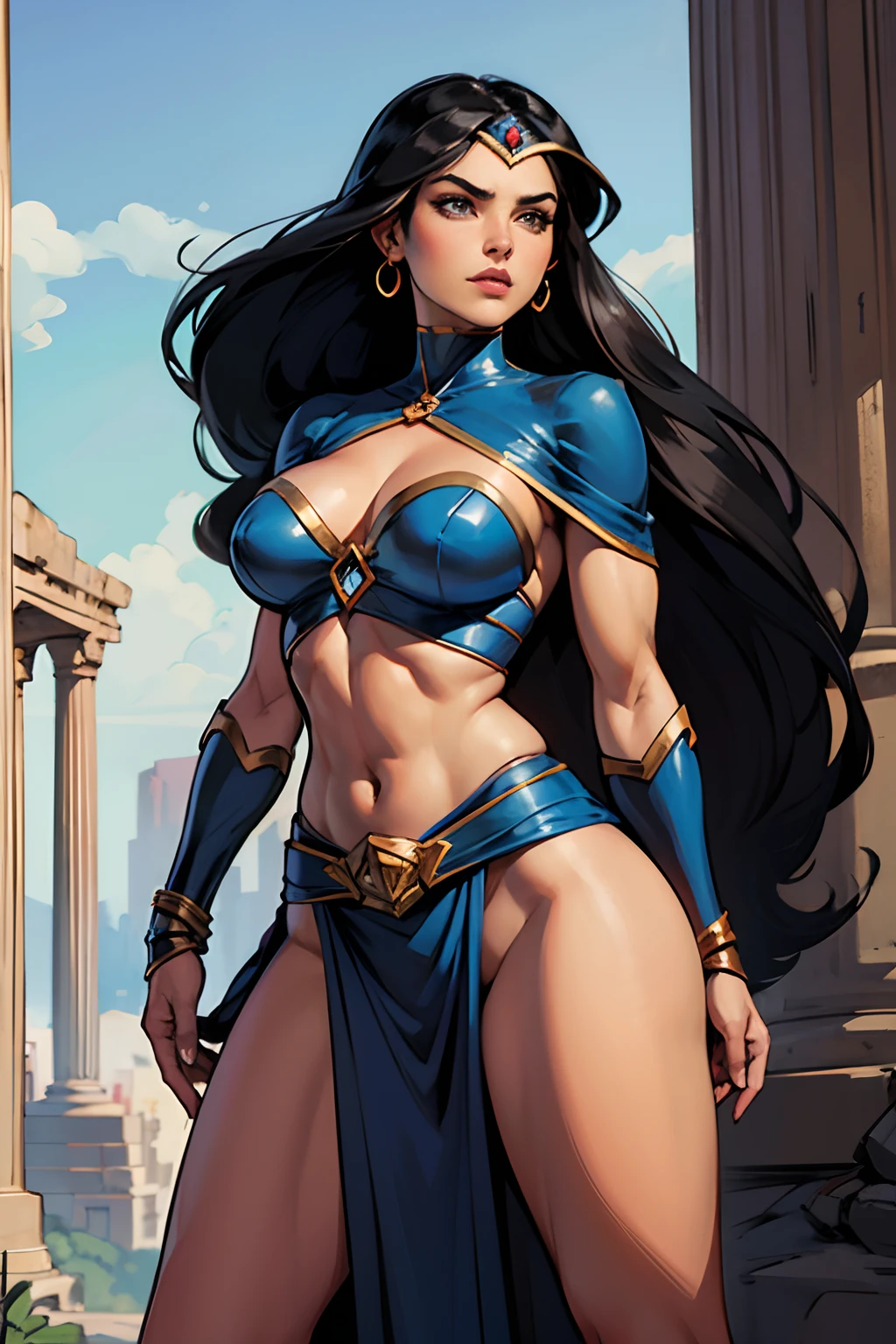 (SFW)Arte no estilo John Buscema,1Beautiful superheroine with long black hair, olhos claros, enormes asas brancas nas costas, middlebreasts, cintura fina, usando uma armadura de Amazona grega estilizada e moderna, cena de corpo inteiro, Standing atop a pillar of an ancient ruin.