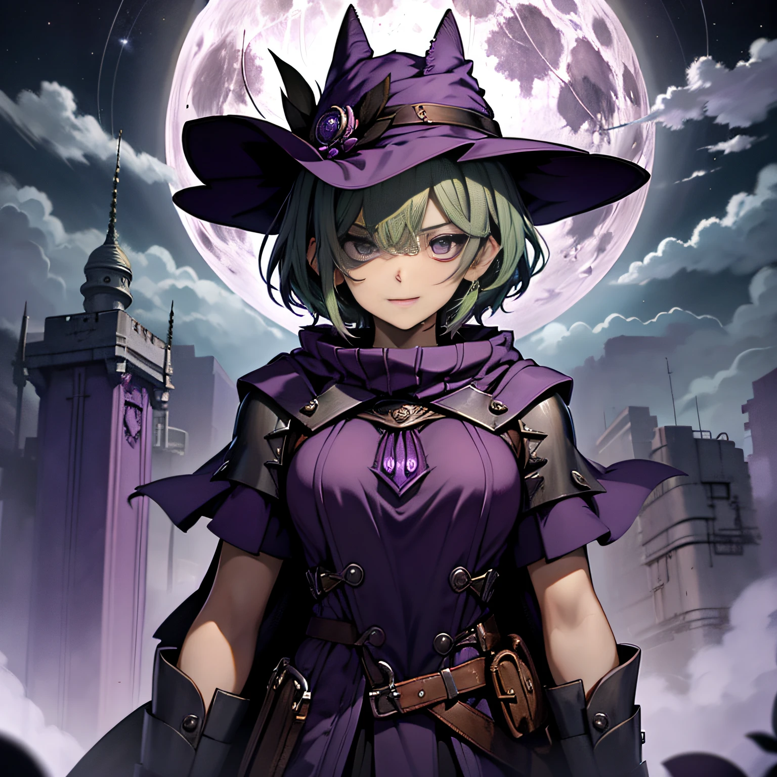 top-quality、extremely delicate and beautiful、(A teenage girl)、Purple Eye、Green hair、short-haired、(purple witch hat)、Purple tie、Soio、shortsleeves、Purple skirt、Purple Wizard Robe、Navel、is standing、Facing the front、Expression of hatred、Grinning、Full moon night on background、Only eyes