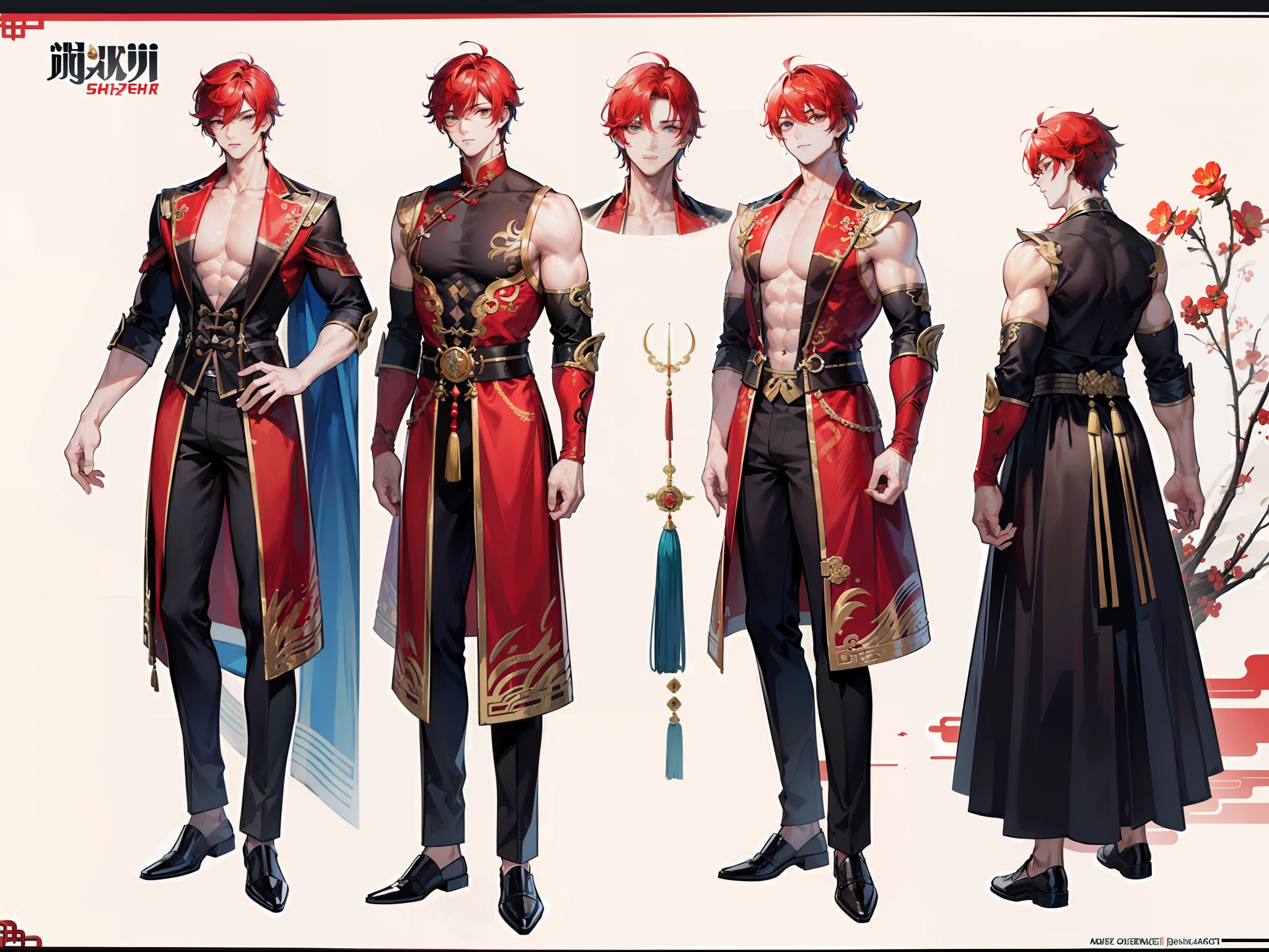 (Masterpiece, best quality), detailed, 1 man, ((character concept art)), ((character design sheet, same character, front, side, back)), full body, body complete, 1 Male angel, 1 Man angel, Detailed face, character design sheet,full bodyesbian, Highly detailed, character sheet, character design, Many parts, dark skin, angel wings, short red hair, angel outfit, muscle male god, male clothes, masculine, muscle man, male muscle, manly, male angel, Muscle male with short red, hair,beautiful man, beautiful muscle man