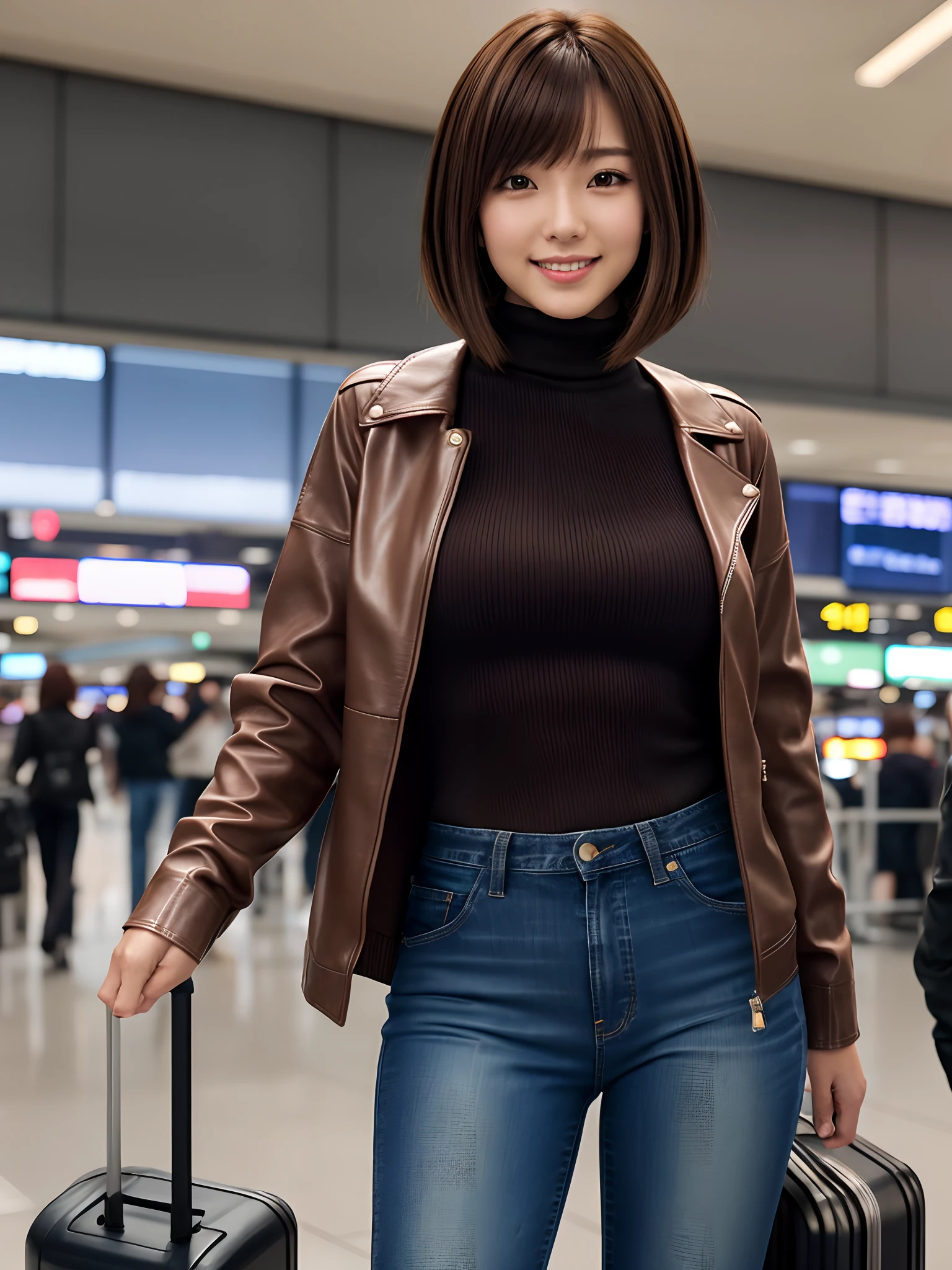 product quality, 1 girl, a cowboy shot, front view, a Japanese young pretty girl, medium bob hair, standing in a crowded airport, waving her hand with a big smile, glamorous figure, a leather jacket, a turtleneck sweater, a long jeans, carrying a suitcase, hyper cute face, glossy lips, double eyelids for both eyes, natural makeup, shiny smooth light brown hair of medium bob, asymmetrical bangs, high resolution, high detailing, detailed hairstyle, detailed face, cinematic lighting, octane rendering, vibrant, hyper realisitic, perfect limbs, perfect anatomy
