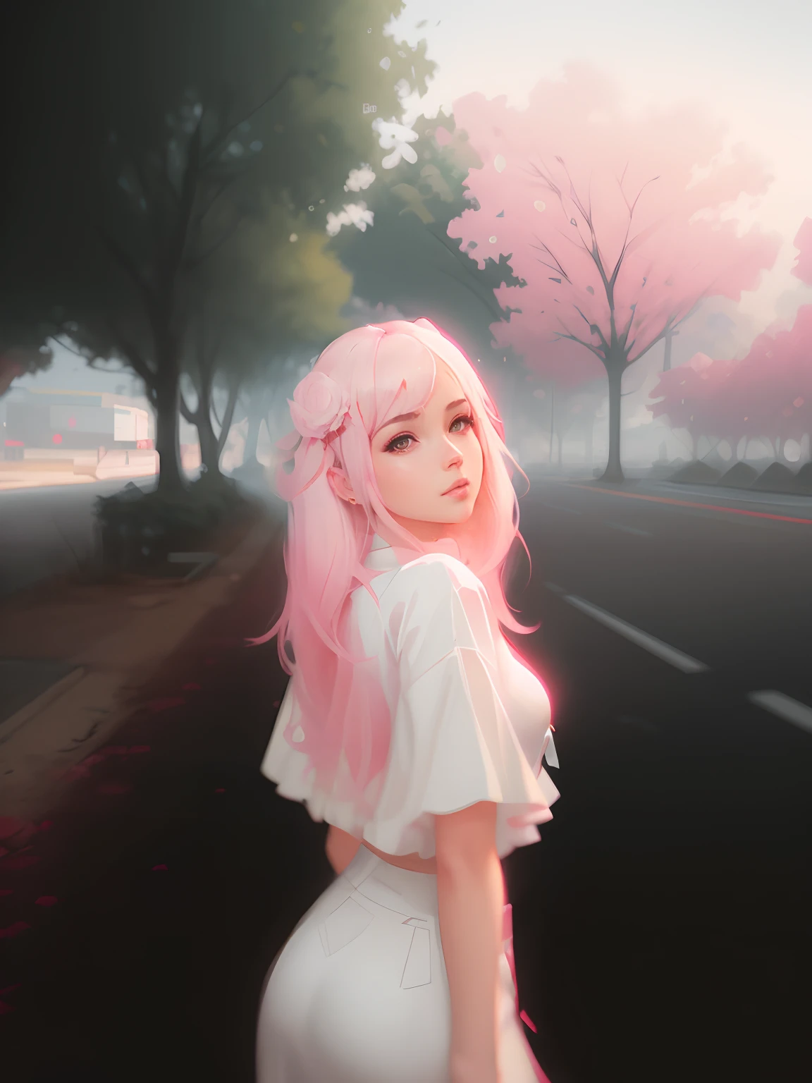 pintura de uma mulher em um vestido branco e cabelo rosa, Arte no estilo de Guweiz, Guweiz, Paisagem de Ilya Kuvshinov, feito com anime painter studio, Obra-prima de Guweiz, estilo anime. 8k, pintado em anime painter studio, Ilya Kuvshinov. 4 mil, Guweiz em ArtStation Pixiv