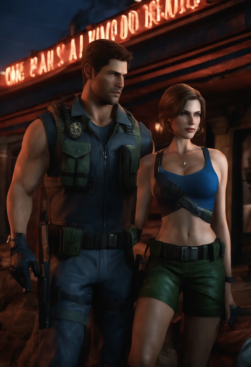 Resident Evil，Leon male，Holding Jill Girl，kisses。Hold tight，Exposing the abdomen。Sunset desert in the background。Live action，cinematic ligh。 Warm yellow， --auto