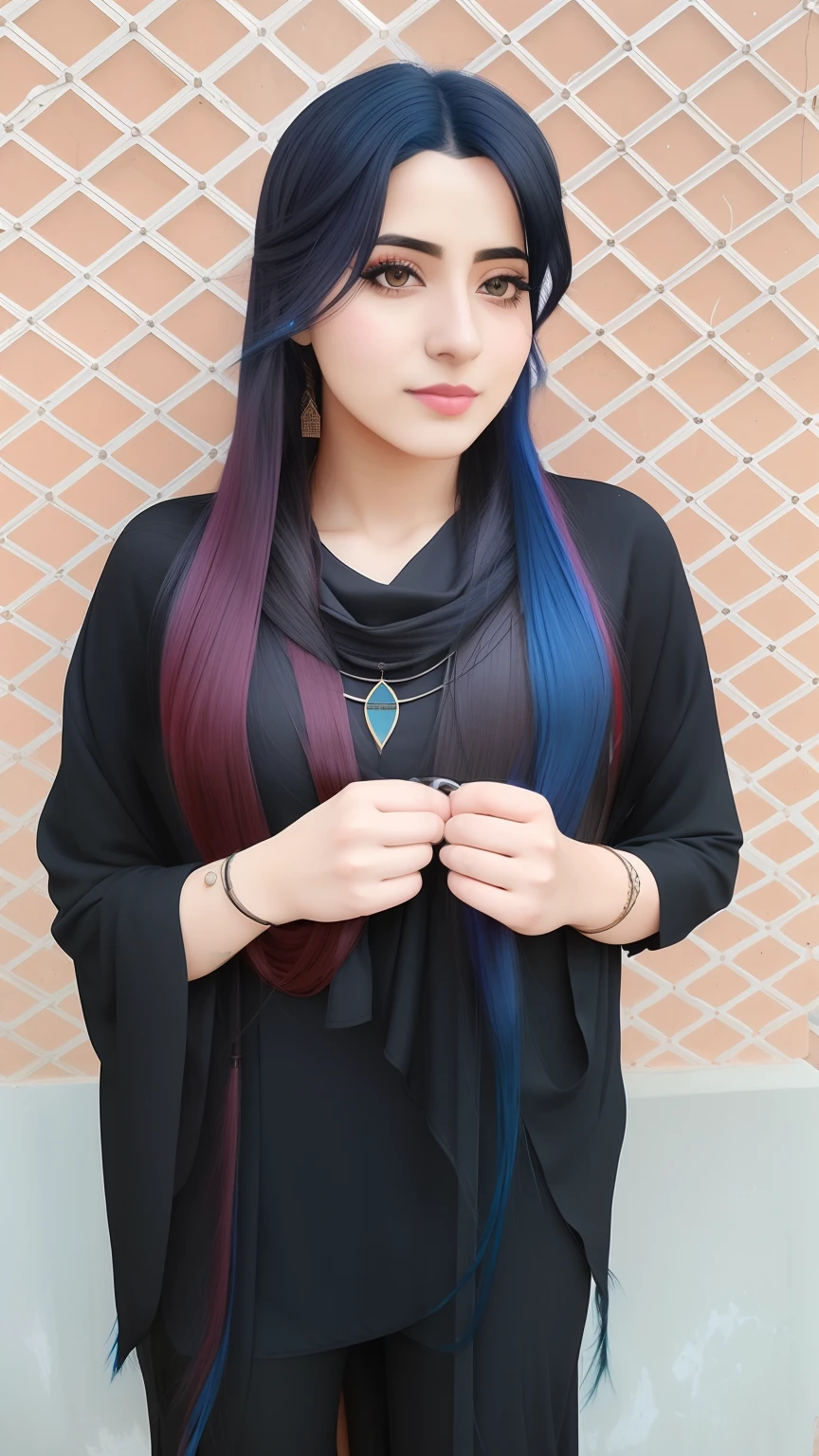 arafed woman with blue hair and a black top standing in front of a wall, long hair shawl, with long hair, black long hair, inspired by Riza Abbasi, inspired by Ambreen Butt, long free black straight hair, long black hair, long black straight hair, with long black hair, black long hair!, with long dark hair
