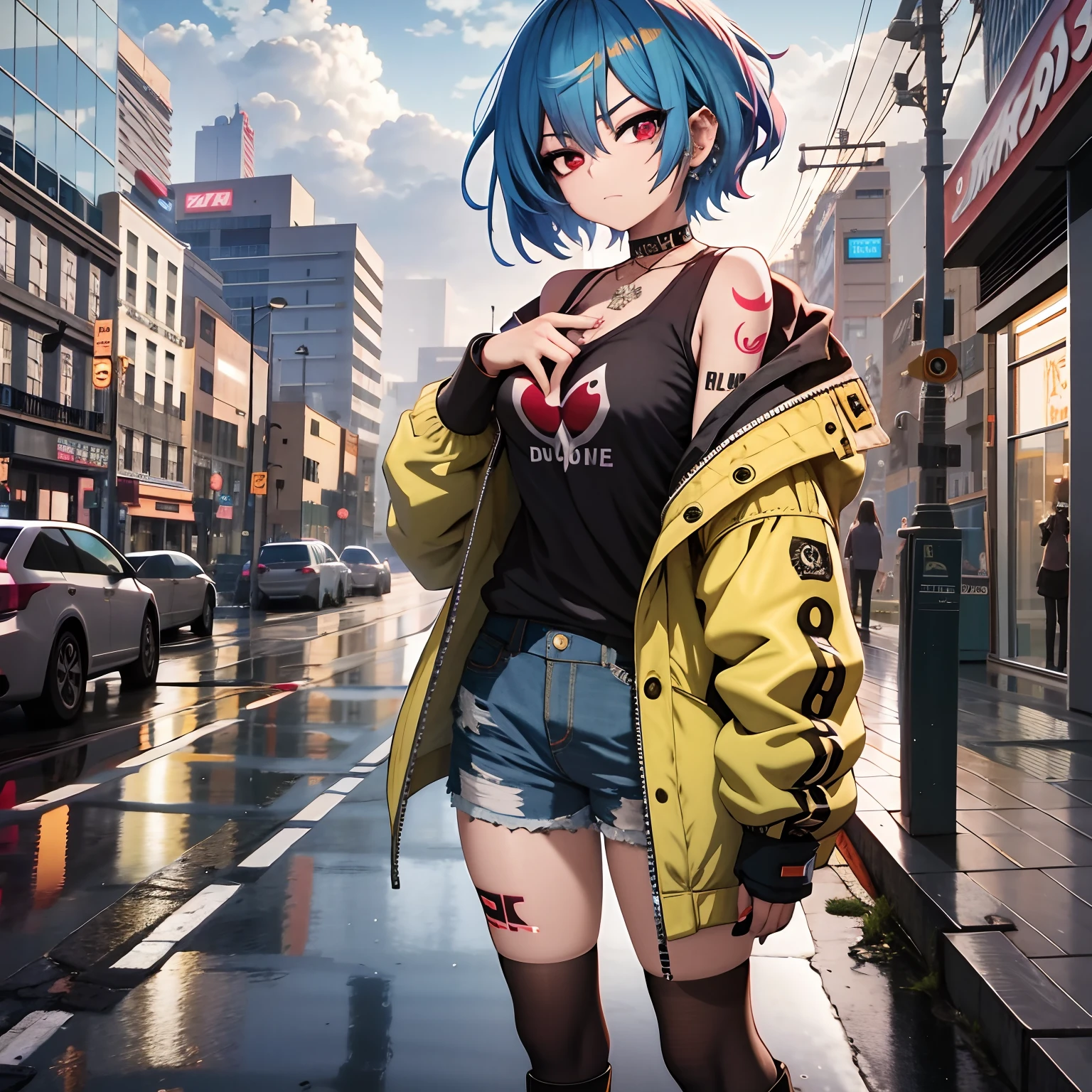 Garota anime com cabelo azul, Tattoos and piercings standing on a city street, estilo anime 4K, estilo anime. 8k, garota anime cyberpunk, arte digital do anime , badass anime 8 k, cyberpunk digital - arte de anime, Anime Art Wallpaper 8K, menina de anime feminino, Anime Art Wallpaper 4K, Anime Art Wallpaper 4K, arte digital estilo anime