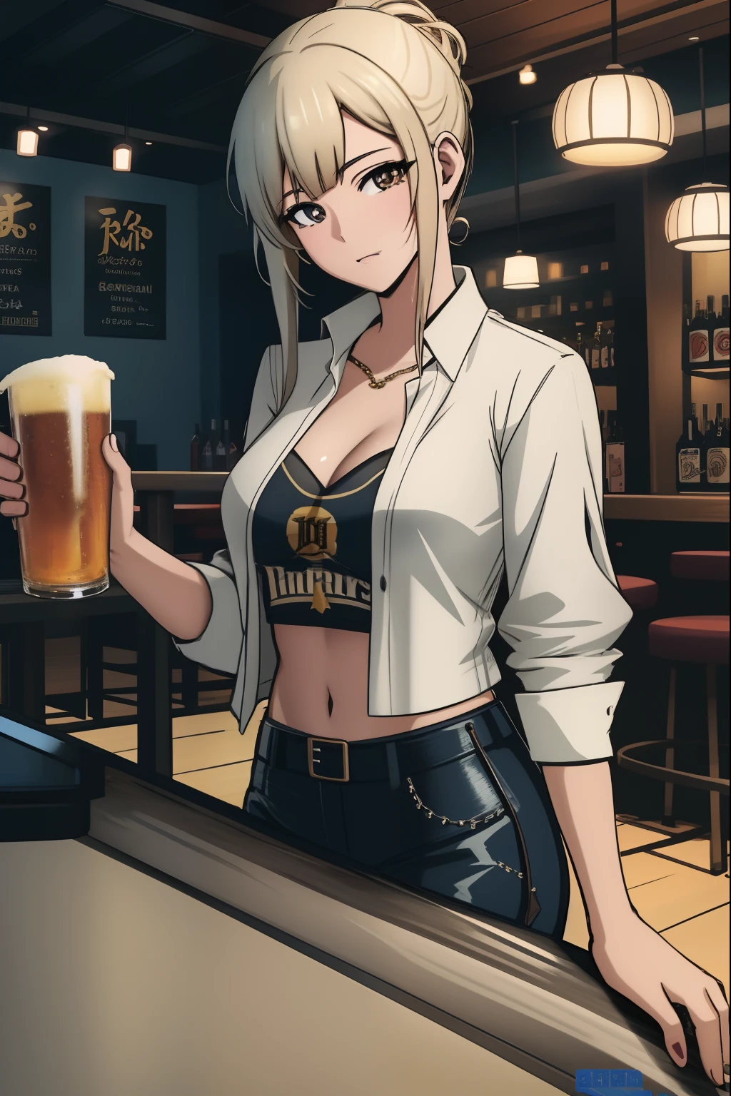 Vanessa,short red hair,  cropped white shirt, sleeveless, red tie, black pants, navel, looking at viewer, serious, smiling, standing, inside bar, holding mug of beer, counter, neon lighting, high quality, masterpiece, 