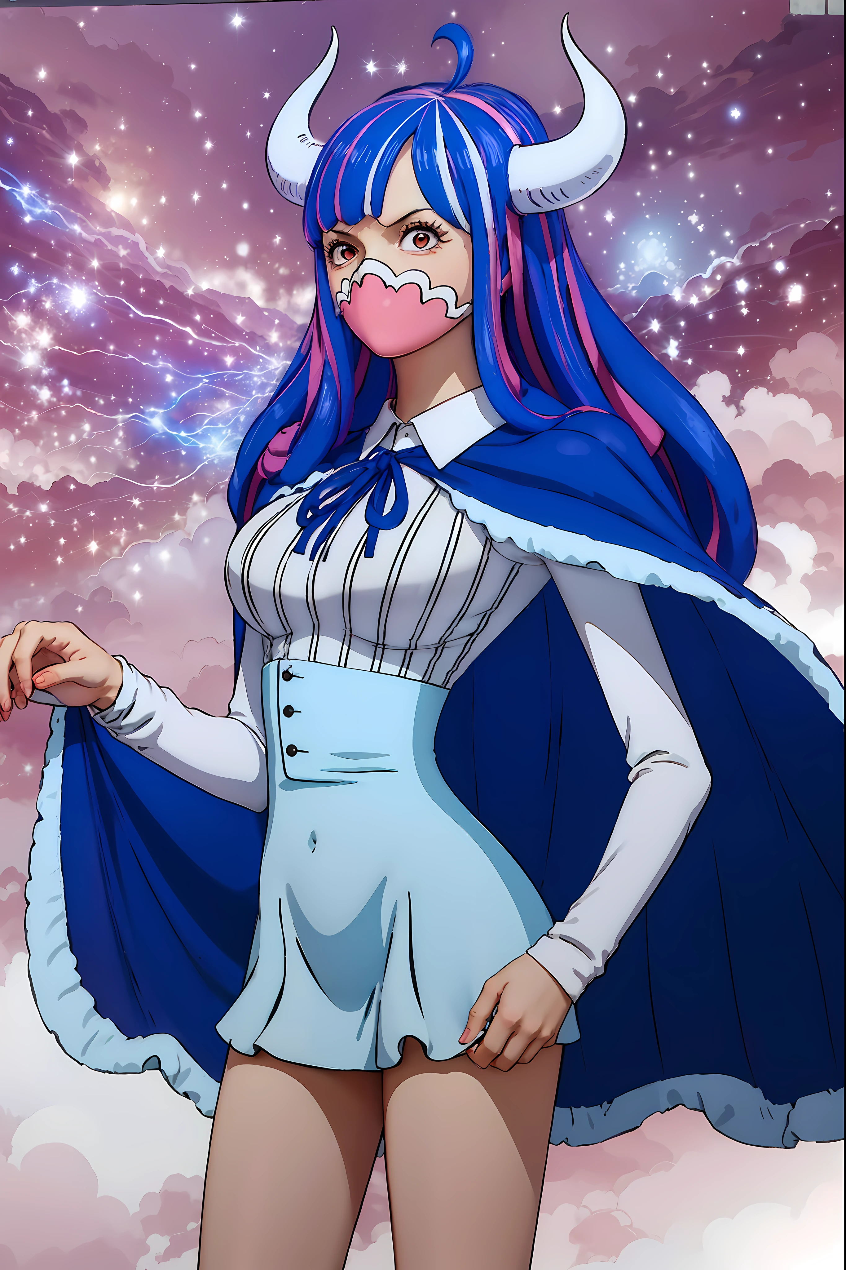 Ulti from one piece, blue hair, red eyes, pink mask, horns, Ulti takes to wearing a long-sleeved minidress that is white and pleated above the waist, with a blue bow below a point collar. The dress's lower, light-blue, and non-pleated section, with a button placket in the middle, ends in a short skirt part that has a slightly ruffled hem, leaving most of Ulti's legs visible. Fastened on her shoulders is a darker-blue cape trimmed with light-blue fur on its edges (the inside also blue), which goes near the ground, and her footwear are red high heels.