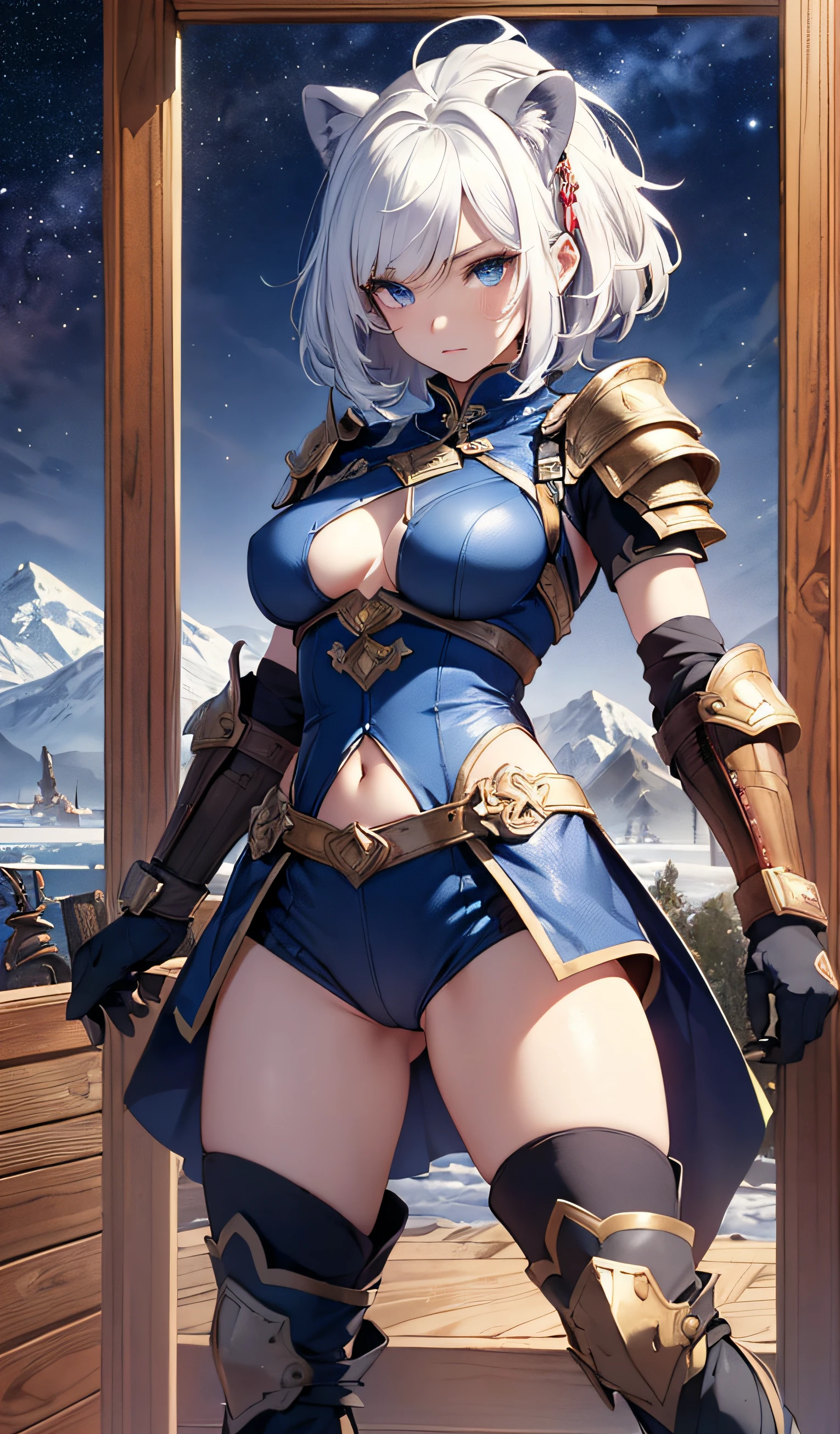 Beautiful detailed girl, Clear and beautiful, Personality as the main point of view, radiant skin, girls, femele, young, 20yo, bobbed hair, Short Cut, ((Short boots, Knee and ankle mid-height boots)), beautiful detail, cold face, cold expression, beautiful-detailed eyes, Blue Eyes, Small breasts, tiny boobs, blue eyess, Full-fledged skin texture, Very good 8KCG wallpapers, very fine 8K CG wallpaper, watercolor (medium), female warrior, purple color hair, Hair color RGB value 863c91, (((Full-body cut))), cat ear, , moonlit night, (((Dark Night, deep night))) (((Natural background, mountains, wood))), ((plein air)), short-hair, beautiful detail glass hair, ((Chinese costumes, Costumes with indigo as the base color, Iron protective armor cover in the shape of a lion's face on the chest, Chest lion face shape sculpture protector, Indigo ironclad shoulder guard, Ironclad wrist and back guards , Protector under Chinese style, Waistband black, A large iron ornament in the middle of the waistband, The front covering of the bottom is a grey cloth, Two layers of side coverings, Lateral shield iron scales, Indigo knee brace, Knee-length ironclad boots, Ironclad boots,