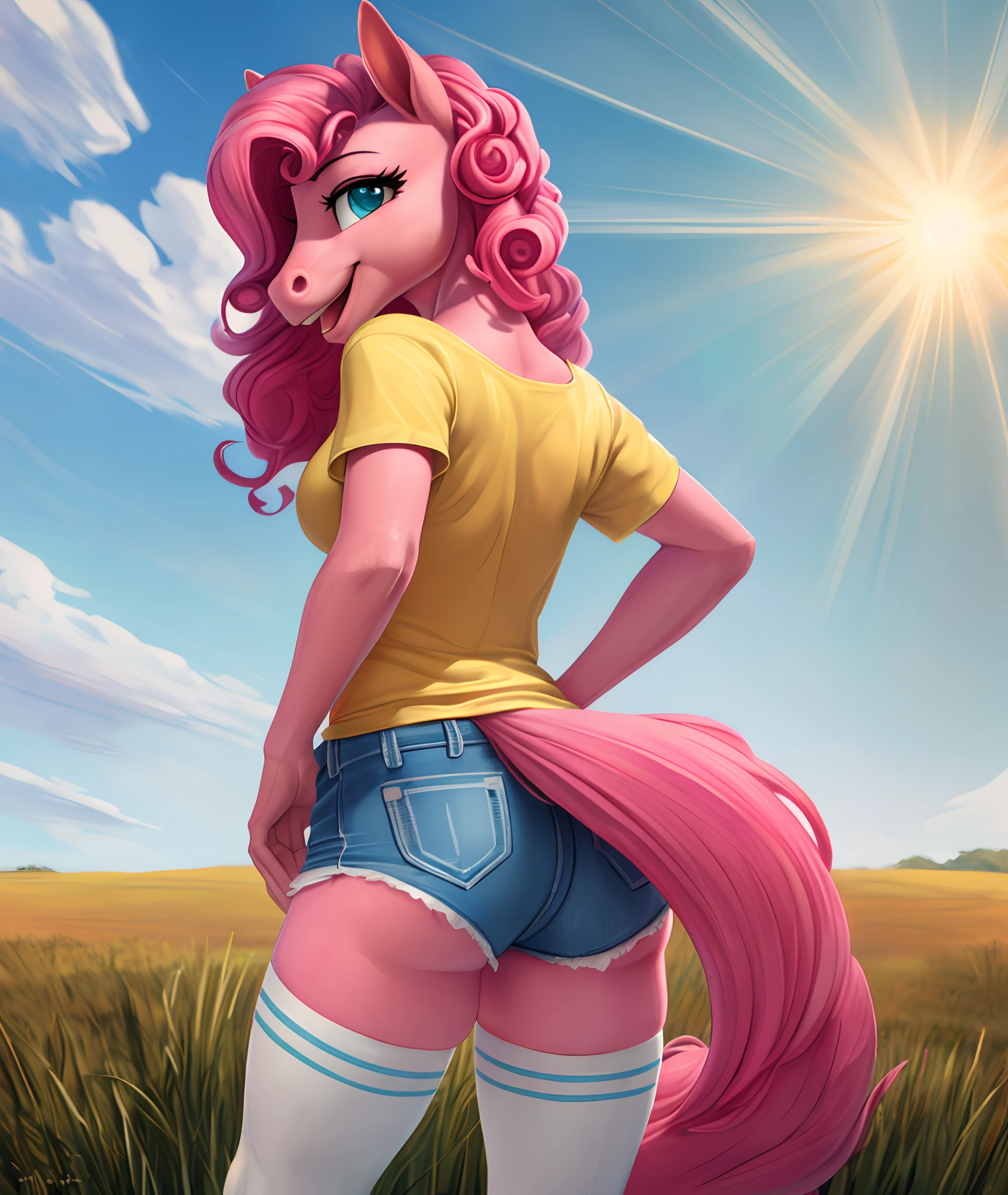 [pinky pie], [Uploaded to e621.net; (siden), (Pixelsketcher), (mayosplash), (wamudraws)], ((masterpiece)), ((HD)), ((high quality)), ((solo portrait)), ((back view)), ((furry; anthro)), ((detailed fur)), ((detailed shading)), ((beautiful render art)),  ((intricate details)), {anthro horse; (slim female figure), (pink fur), (cute cyan eyes), horse snout, (curly hot-pink hair), (curly hot-pink tail), (small boobs), (gorgeous hips), (excited smile), (mouth open)}, {(yellow tee shirt), (denim short shorts), (white-striped thigh-highs)}, {(standing), (hand on hip), (looking back)}, [background; (grass plains), (clouds), (blue sky), (sun rays)]
