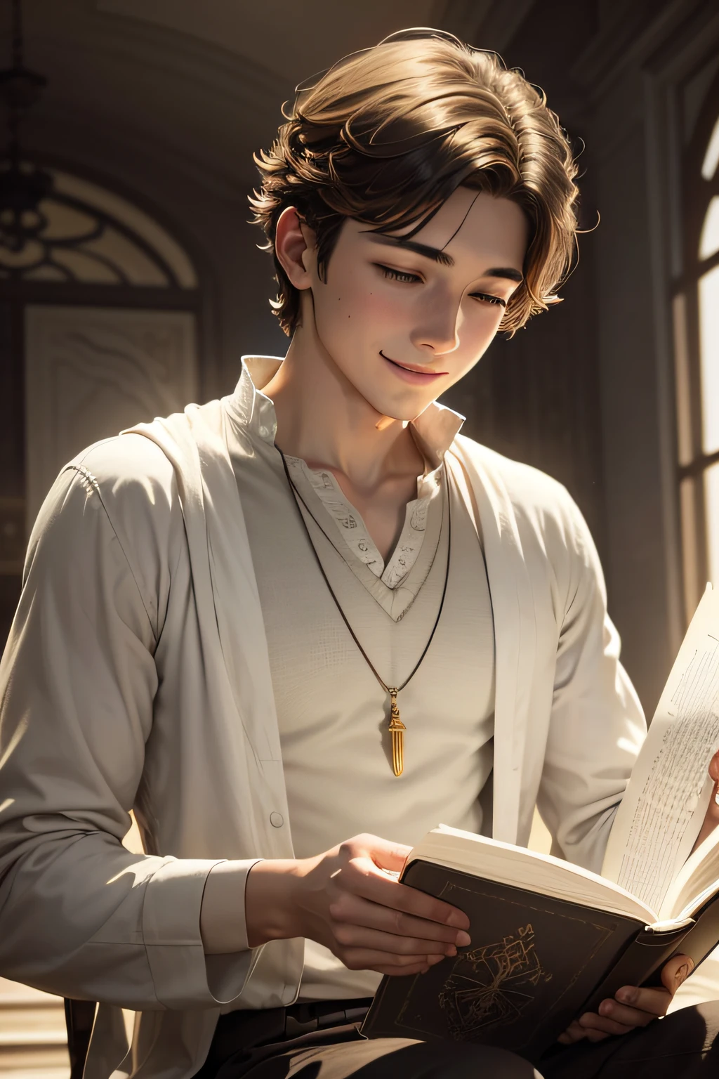 In a pencil drawing style with fine strokes and exquisite details, a young man with a warm smile illuminates the scene as he reads the Bible. His expression conveys a deep serenity and a sincere spiritual connection with the words of the holy book. The scenery is timeless, and the young man is enveloped in an aura of soft light,
highlighting the joy he finds in reading. This design evokes the feeling of a classic illustration that could be used at the beginning of each chapter of a book like "The 12 Rules for Life", conveying a sense of peace, wisdom and spirituality. --auto