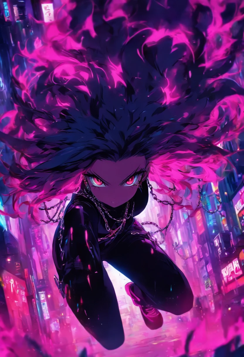 A girl with bright pink eyes and black and pink hair. She has sharp eyeliner and lashes. She holds a life in her left hand and waves it in the air like a taunt. She has very large boobs and a emo/ alt style. Her outfit is all black and has lots of chains, it shows of her boobs and ass well.