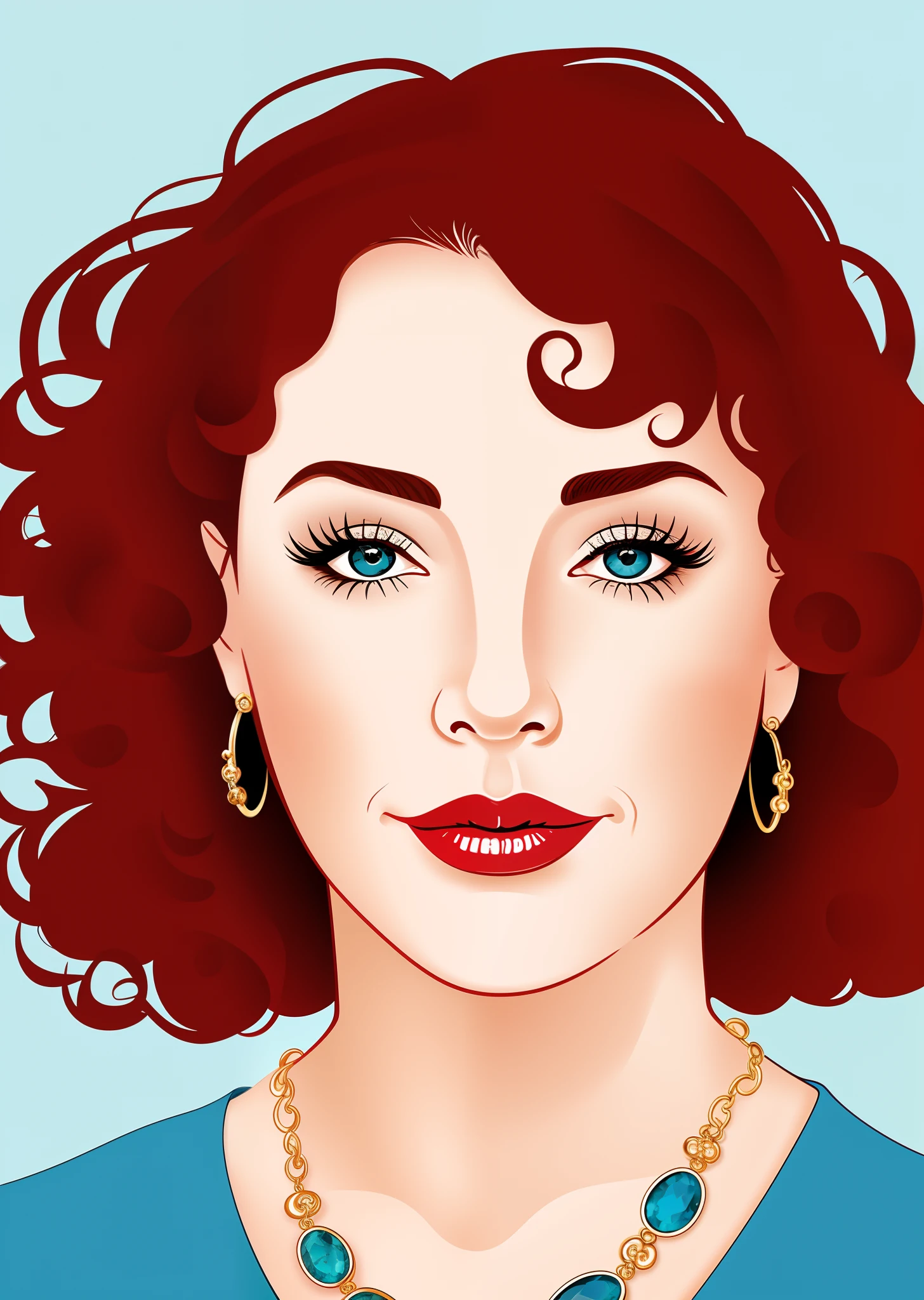 cartoon. Chubby woman. 50 years old. irish. big and curly red hair. gawdy jewelry. conservative clothing. oval face. pale fair skin. clear complexion. blue eyes. big lips.