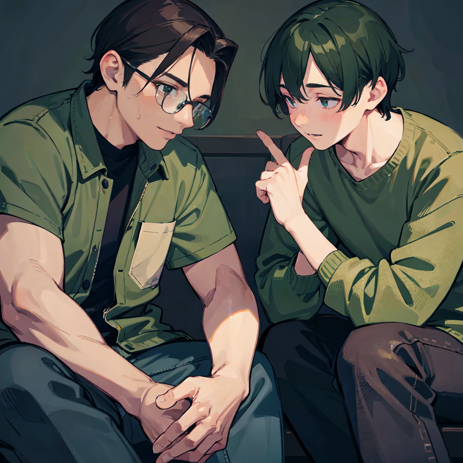 Best Quality, masutepiece, hight resolution, Two adult males,Khaki jacket、Dark green jeans,sitting on,Having a conversation, Gay Male Relationships,Beautiful face,Man's_Body, The face of a shy man、Man's eyes、, two tone lighting,(High detailed skin:1.2), 8K UHD, Digital SLR, Soft lighting, High quality, Volumetric lighting, Candid, photograph, High resolution, 4K, 8K, Bokeh