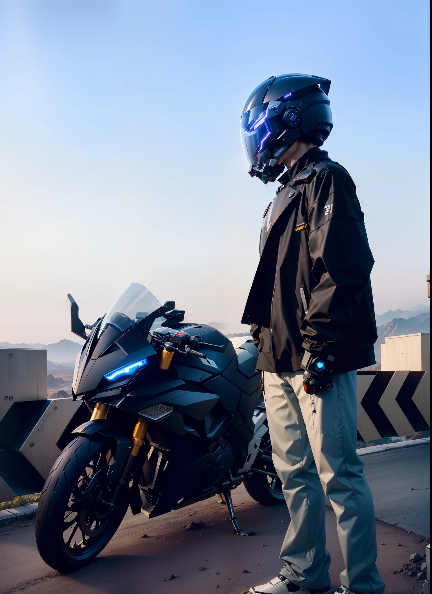 Handsome full body black mecha white short hair cyber handsome warrior, black cyber mechanical motorcycle, high-tech black full surround helmet, white short hair, Nousr, biomechanics, MSHN robot man, high-tech helmet, surreal, steel, complex design, crazy details, fine details, extremely clear lines, cinematic lighting, photo realism, detailed masterpiece