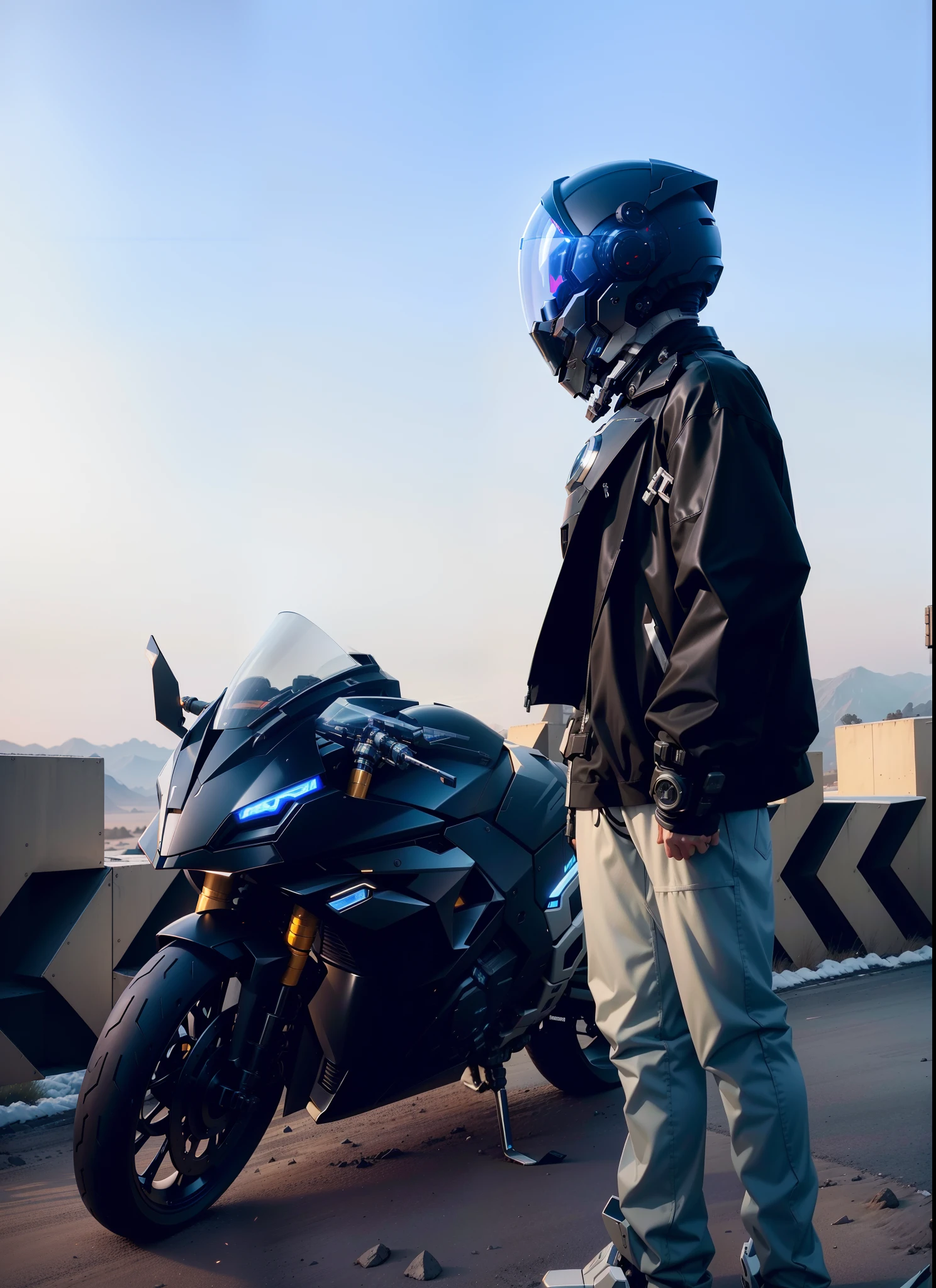 Handsome full body black mecha white short hair cyber handsome warrior, black cyber mechanical motorcycle, high-tech black full surround helmet, white short hair, Nousr, biomechanics, MSHN robot man, high-tech helmet, surreal, steel, complex design, crazy details, fine details, extremely clear lines, cinematic lighting, photo realism, detailed masterpiece