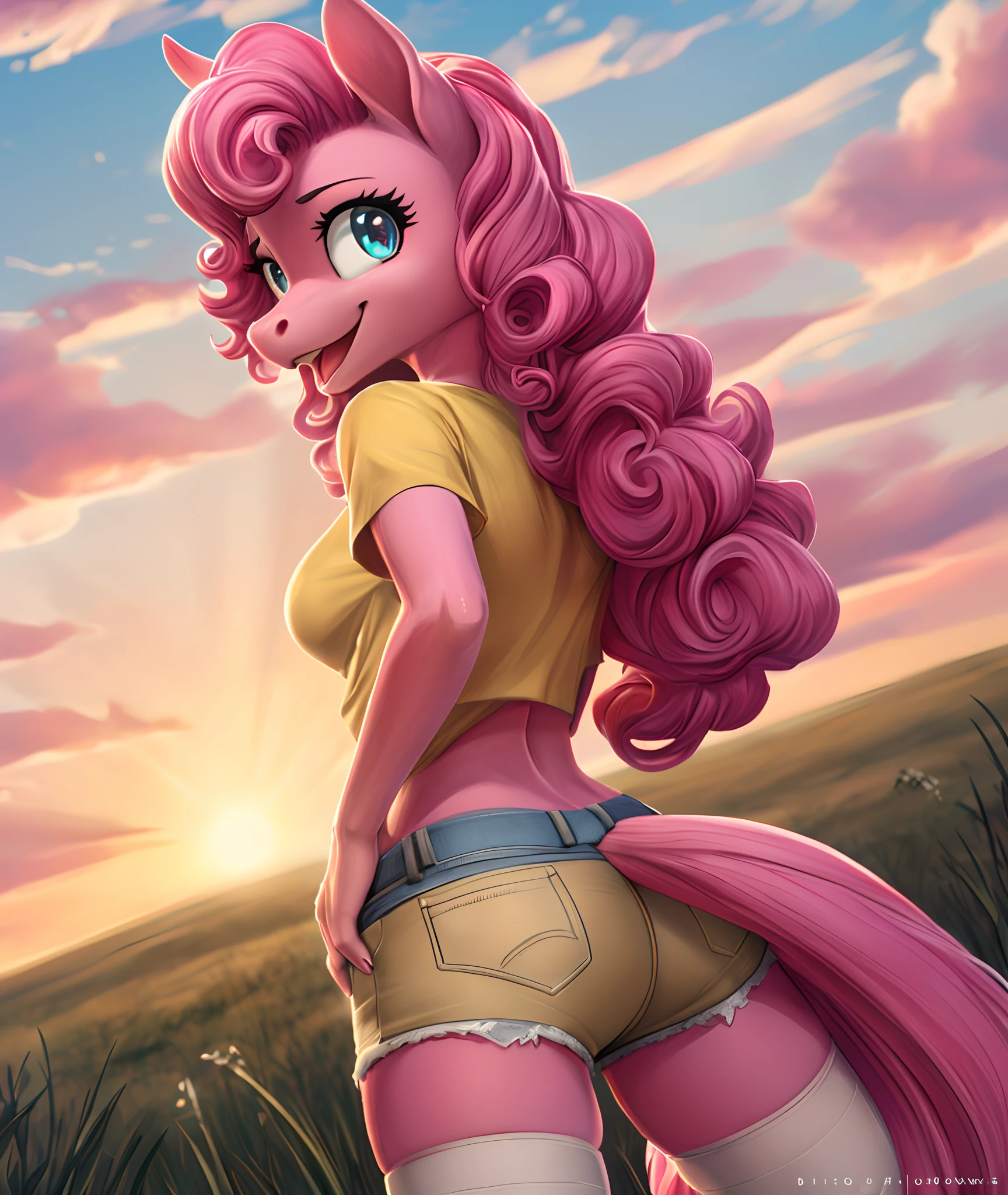 [pinky pie], [Uploaded to e621.net; (siden), (Pixelsketcher), (mayosplash), (wamudraws)], ((masterpiece)), ((HD)), ((high quality)), ((solo portrait)), ((back view)), ((furry; anthro)), ((detailed fur)), ((detailed shading)), ((beautiful render art)),  ((intricate details)), {anthro horse; (slim female figure), (pink fur), (cute cyan eyes), horse snout, (curly hot-pink hair), (curly hot-pink tail), (small boobs), (gorgeous hips), (excited smile), (mouth open)}, {(yellow tee shirt), (denim short shorts), (white-striped thigh-highs)}, {(standing), (hand on hip), (looking back)}, [background; (grass plains), (clouds), (blue sky), (sun rays)]