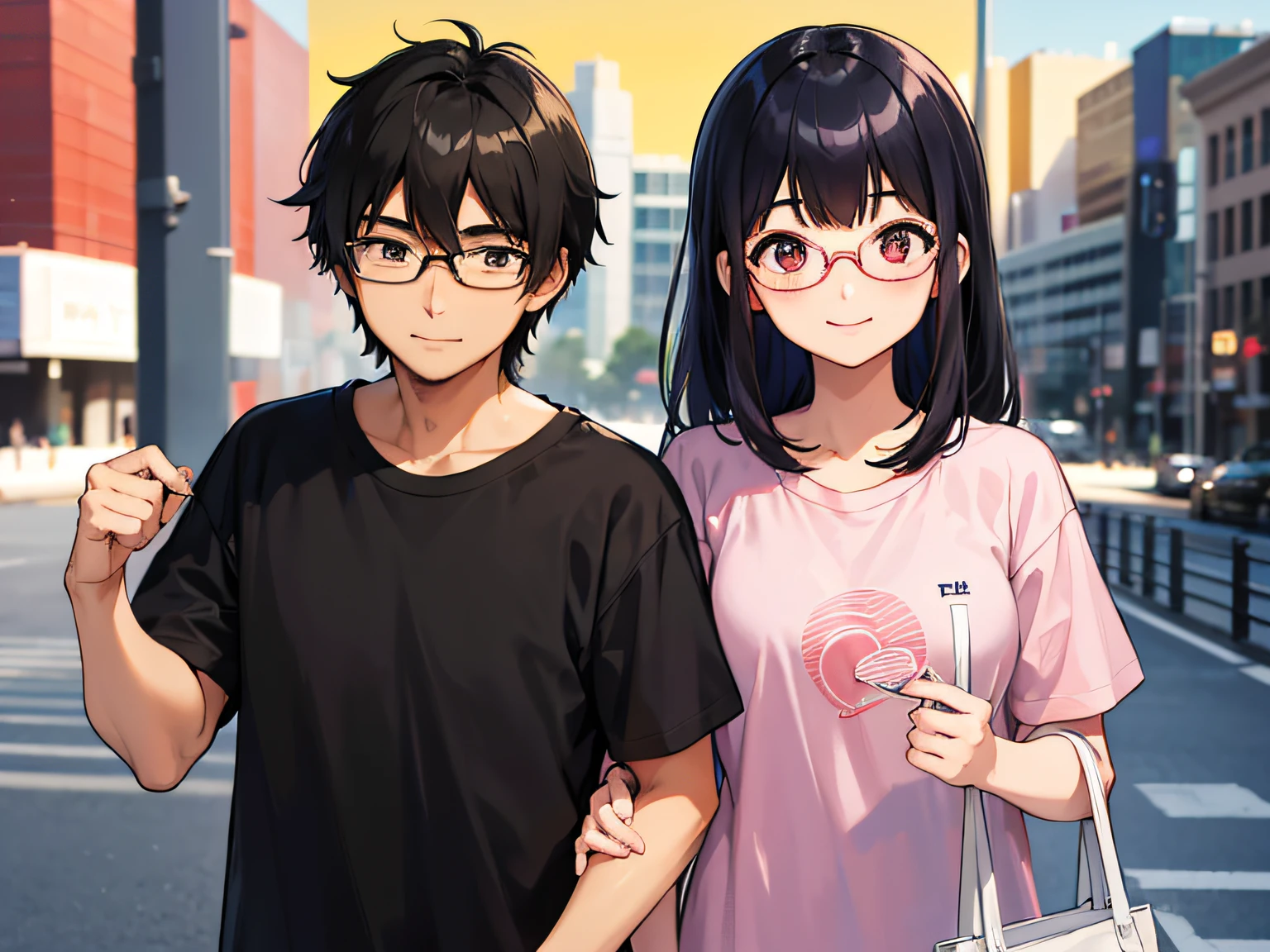 A young Japanese couple at the Sydney Opera House, the husband has black hair with bangs, wears glasses, and a blue T-shirt. The wife has medium-length black hair, wears glasses, and a pink T-shirt. They both have smiles on their faces. No beard, no children.