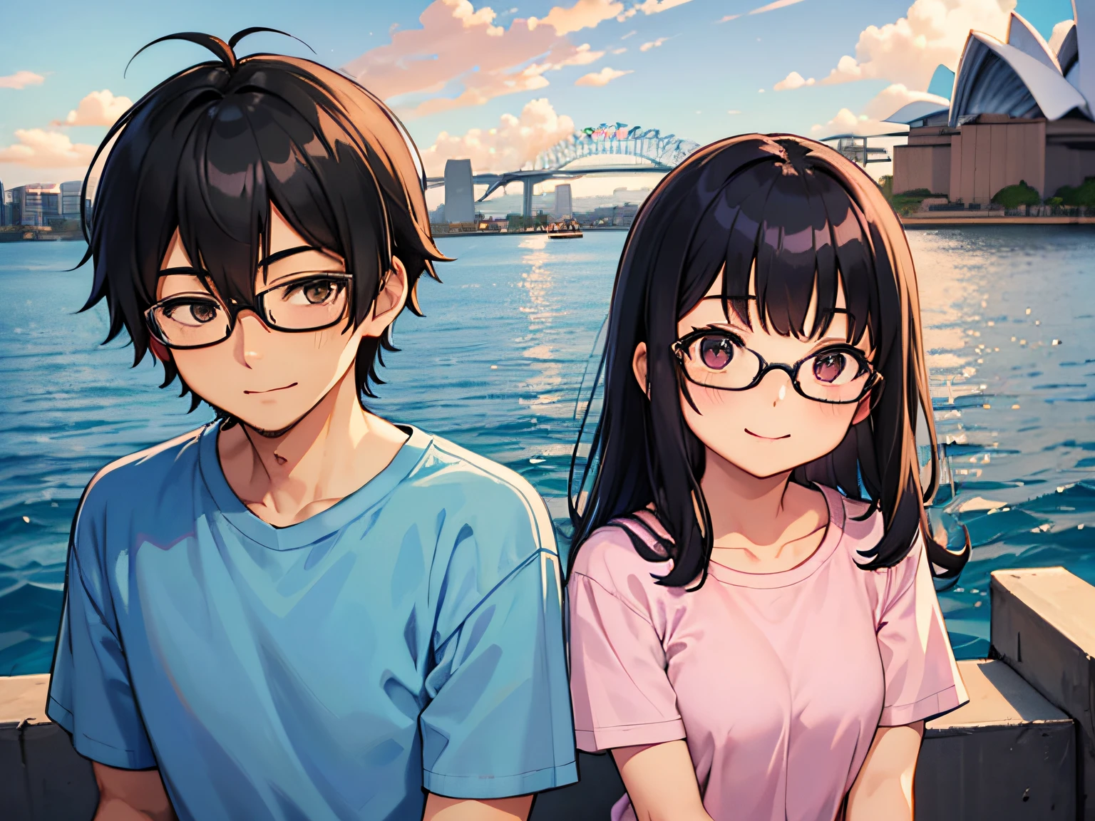 A young Japanese couple at the Sydney Opera House, the husband has black hair with bangs, wears glasses, and a blue T-shirt. The wife has medium-length black hair, wears glasses, and a pink T-shirt. They both have smiles on their faces. No beard, no children.