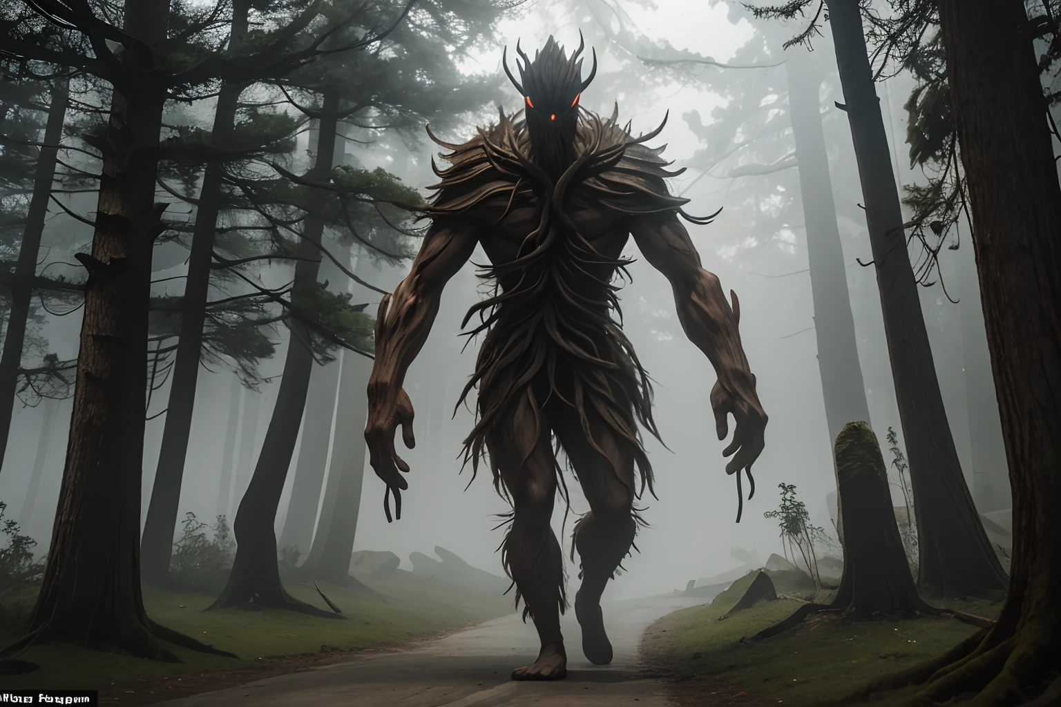 monster, Tree Monster,  Tall stature, Resemblance to a person, human face, human anatomy, Dark background tones, dull tones, Gray tones, Location: Medieval City, on two legs, Top Quality, tmasterpiece,