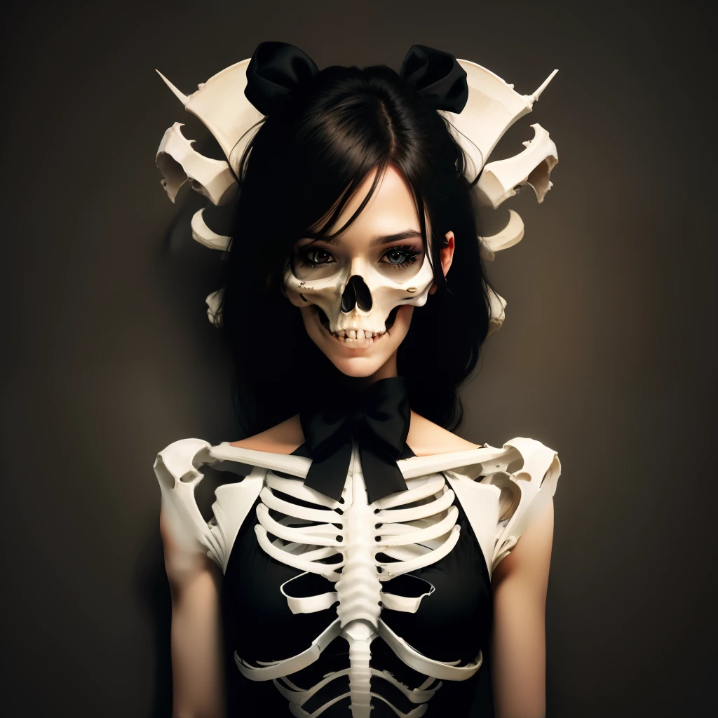 metalhead skeleton girl black hair black and white