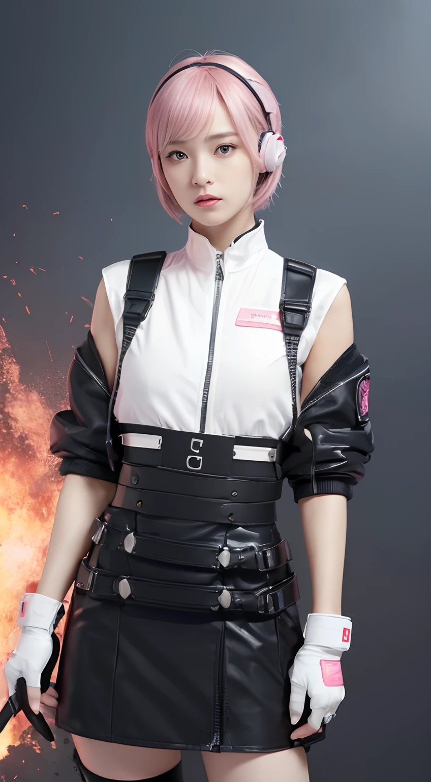 (Top Quality, Ultra High Definition, Photorealistic:1.4), (cowboy shot:1), 1 Beautiful Armed Girl, (Kpop Idol), Detailed Face, (Hair Style: Pink:1, fullbang, shortbob-style:1), Contrapposto, Perfect Anatomy, ((wearing Futuristic Police Racing Suits, low-mini-skirt, police wappen, High-tech Headset, military harness, racing gloves, )), (Cloths colors based on silver pink black white), (background, crashed cars, fire, (Explosion)),