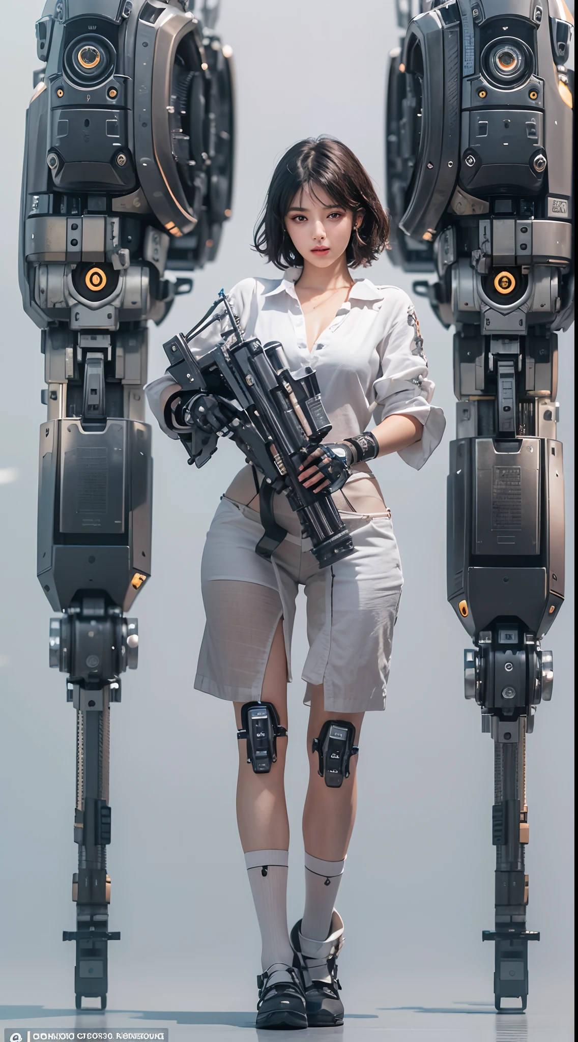 ((Masterpiece))), ((Best Quality))), ((Ultra Detailed)), (Ultra Real), (Highly Detailed CG Illustration), Cinematic Light, Realistic, Very Beautiful Young Lady, (Beautiful Face and Lips), Intricate Details, Full View, Weapon, Robotic Arm, Cinematic Quality, Full Body, Short Black Hair