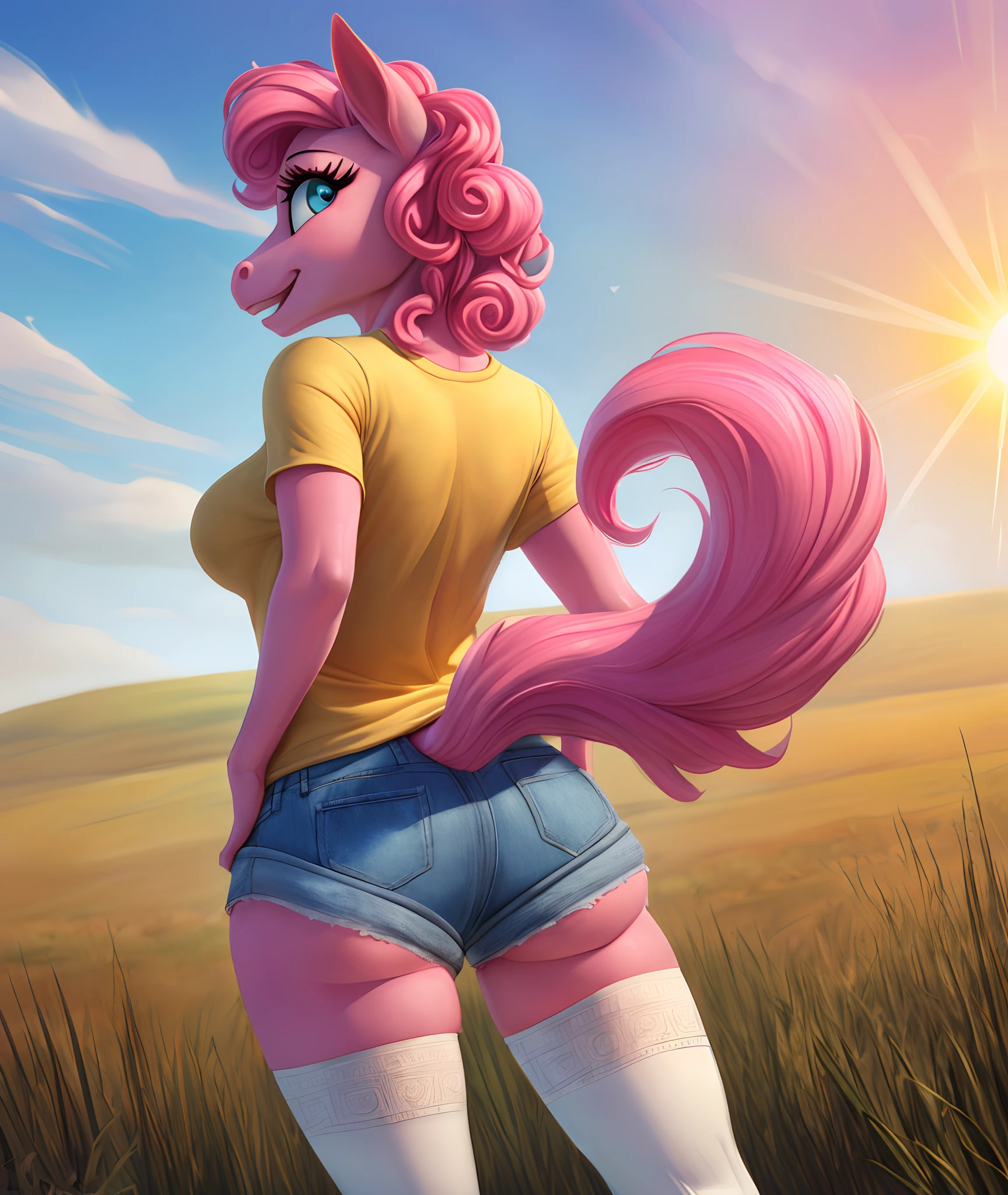 [pinky pie], [Uploaded to e621.net; (siden), (Pixelsketcher), (mayosplash), (wamudraws)], ((masterpiece)), ((HD)), ((high quality)), ((solo portrait)), ((back view)), ((furry; anthro)), ((detailed fur)), ((detailed shading)), ((beautiful render art)),  ((intricate details)), {anthro horse; (slim female figure), (pink fur), (cute round cyan eyes), (long eyelashes), horse snout, (curly hot-pink hair), (curly hot-pink tail), (small boobs), (gorgeous hips), (excited smile), (mouth open)}, {(yellow tee shirt), (denim short shorts), (white-striped thigh-highs)}, {(standing), (hand on hip), (looking back)}, [background; (grass plains), (clouds), (blue sky), (sun rays)]