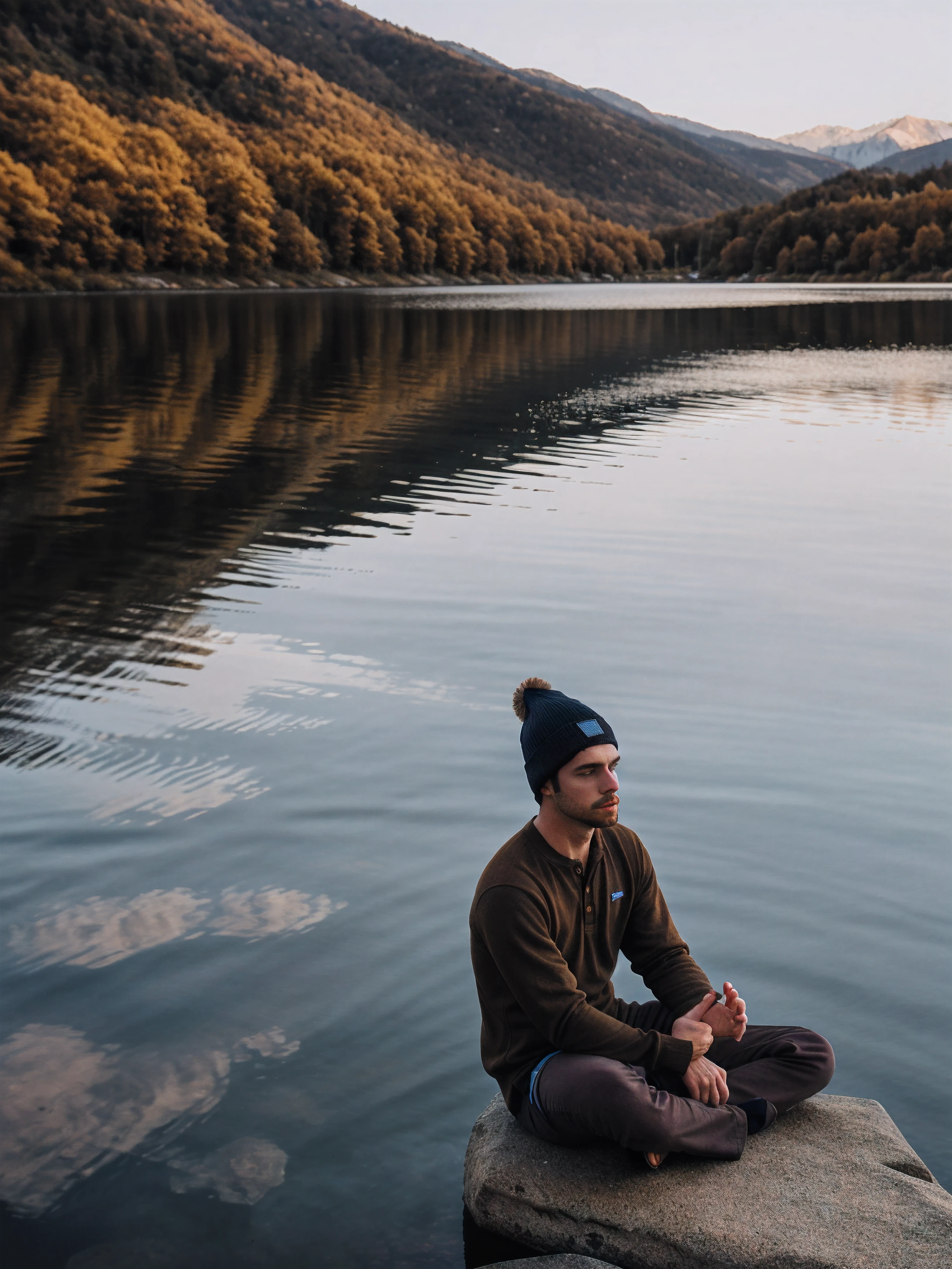 medium shot photo of sc_kurtis wearing  patagonia Henley and beanie, sitting lakeside, looking contemplatively over the calm waters, soft, diffused light of the late afternoon, calm and reflective mood, quiet, contemplative, natural, relaxed posture, autumn foliage, peaceful and attractive backdrop