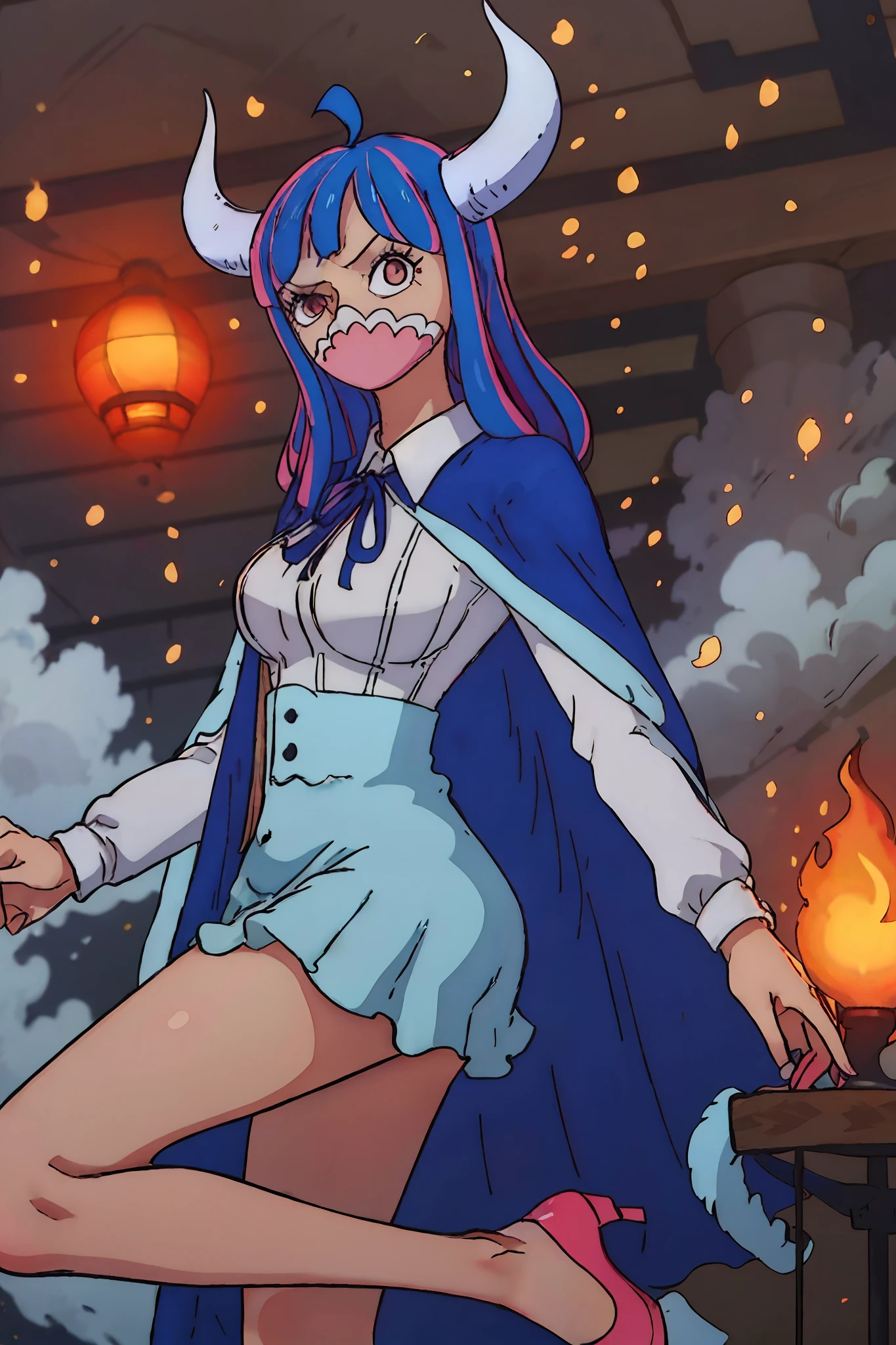 (solo), Ulti from one piece, blue hair, red eyes, pink mask, horns, Ulti takes to wearing a long-sleeved minidress that is white and pleated above the waist, with a blue bow below a point collar. The dress's lower, light-blue, and non-pleated section, with a button placket in the middle, ends in a short skirt part that has a slightly ruffled hem, leaving most of Ulti's legs visible. Fastened on her shoulders is a darker-blue cape trimmed with light-blue fur on its edges (the inside also blue), which goes near the ground, and her footwear are red high heels. (dynamic pose), (night time), (feudal japanese castle), indoors, fire torches, wood, (masterpiece, best quality, highly detailed)