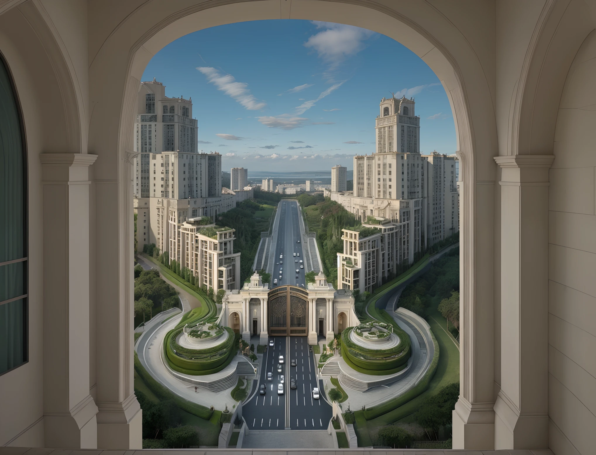 fotorrealismo. perspectiva. A huge car ramp leads to the sumptuous gates of the monumental luxury condominium. The gate is spliced with buildings that form a kind of wall, Large ramps climb the planned gardens of the condominium. Neoclassical Contemporary Architecture. ao fundo, os cumes dos morros verdejantes tocam as nuvens baixas