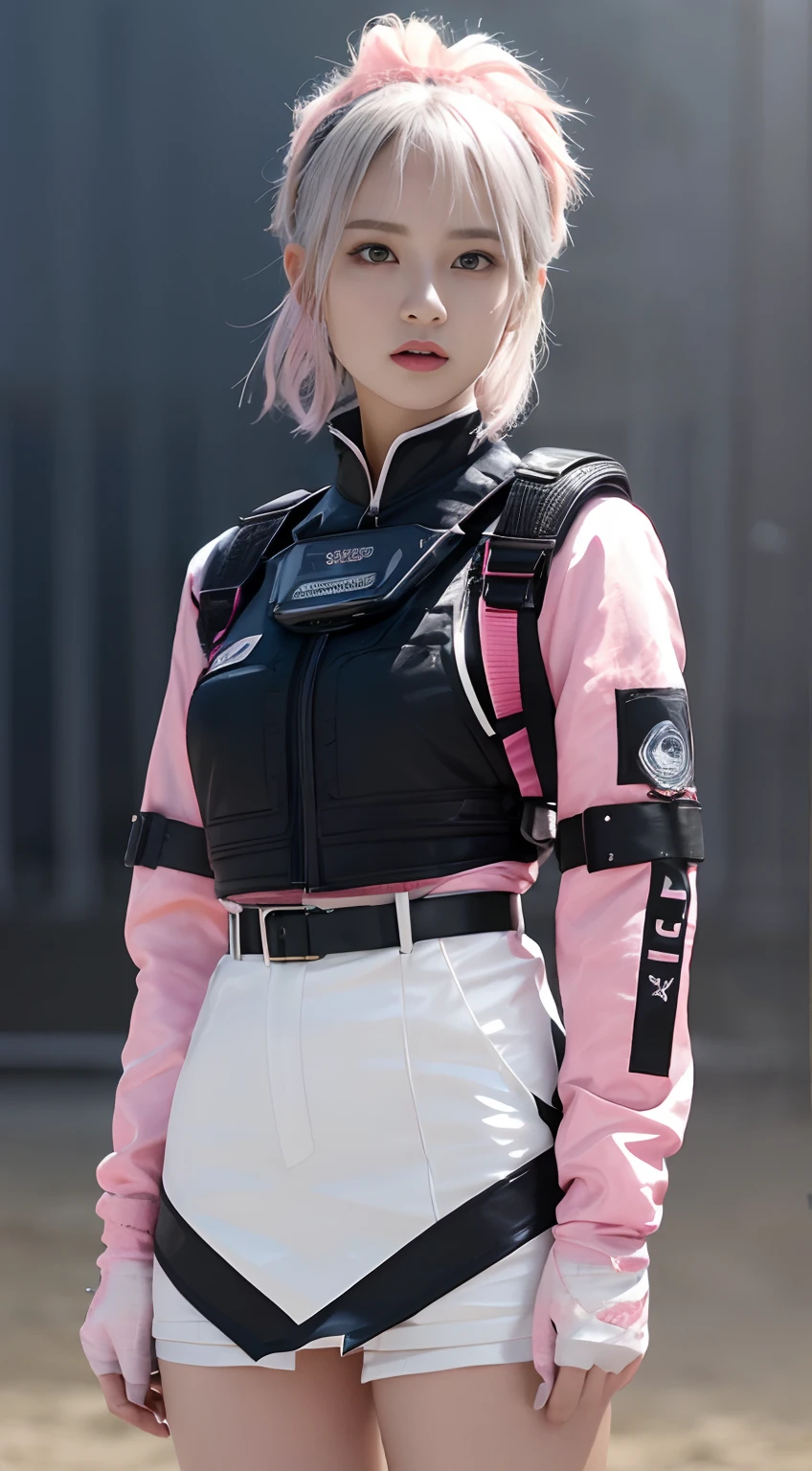 (Top Quality, Ultra High Definition, Photorealistic:1.4), (cowboy shot:1), 1 Beautiful Armed Girl, (Kpop Idol), Detailed Face, (Hair Style: Pink:1, fullbang, shortbob-style:1), Contrapposto, Perfect Anatomy, ((wearing Futuristic Police Racing Suits, low-mini-skirt, police wappen, High-tech Headset, military harness, racing gloves, )), (Cloths colors based on silver pink black white), (background, crashed cars, fire, (Explosion)),