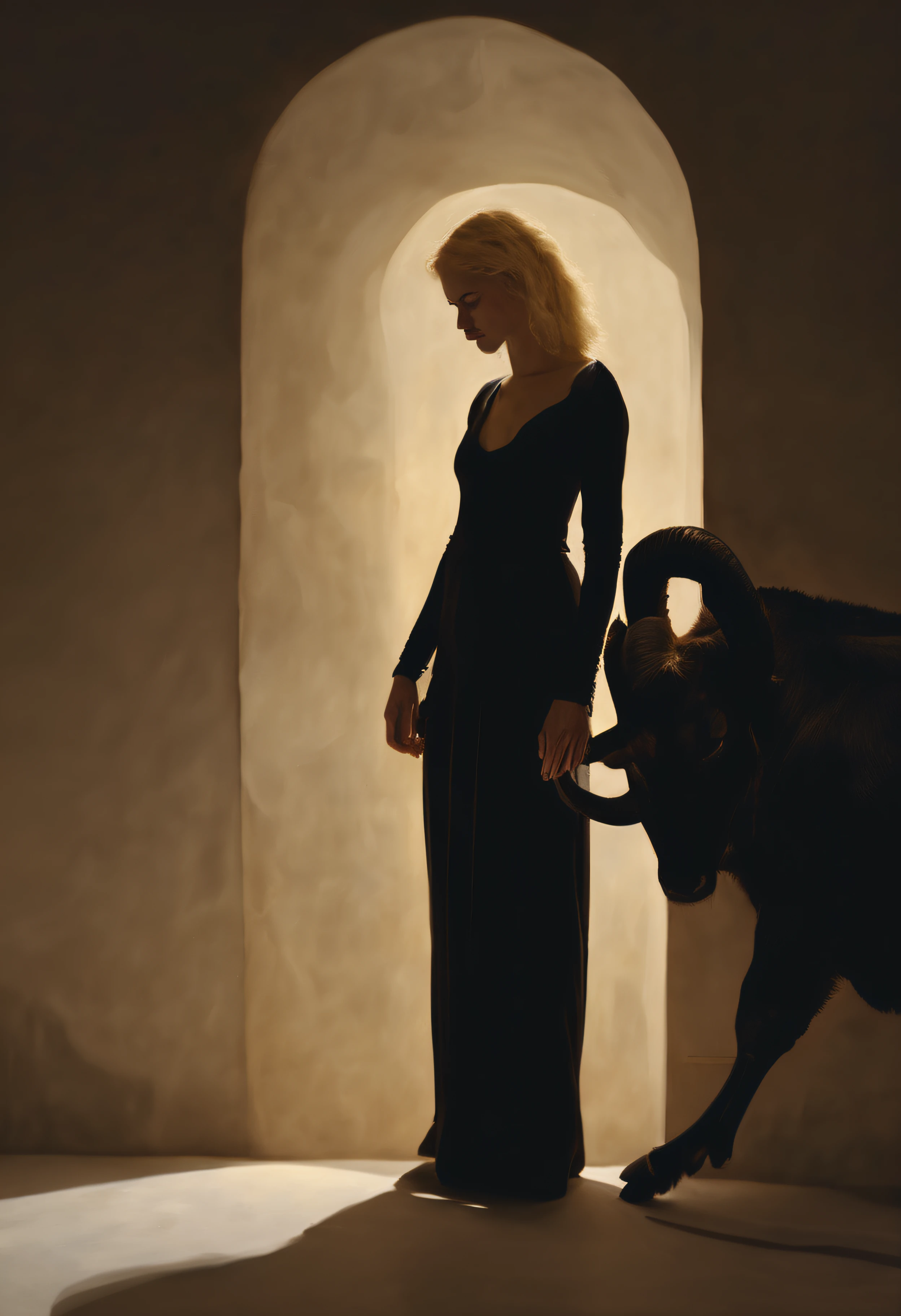 "(The best lighting, alto contraste, oscuro, dramatic),(Chica rubia junto a una cabra negra gigante, Open the rib cage, feto, autopsia, huesos humanos, sangre por las paredes). Luz Caravaggio"