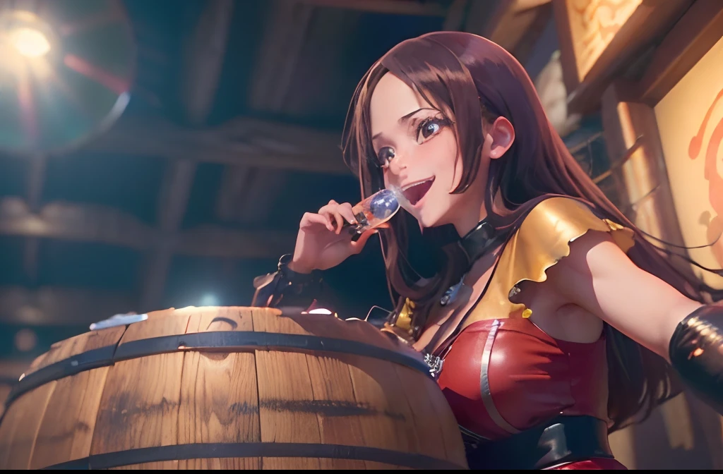 ((((masutepiece)))), Beautiful woman drinking in pirate costume, Brown hair color, Eyes are brown, High quality, very_high_resolution, Large_filesize, fulcolor, huge smile, a pirate, skull, karaoke, Drum kit, alcohol, wine barrel, Neon tube, There is a mirror ball on the ceiling, Dynamic movement