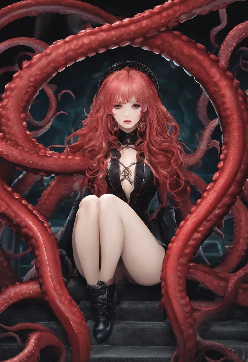 In the dungeon,Rough,Covered with tentacles, tentacles around, many tentacles, Fine details,Bound by tentacles,Tied by tentacles,被中出,In drooling,Crying,s girl