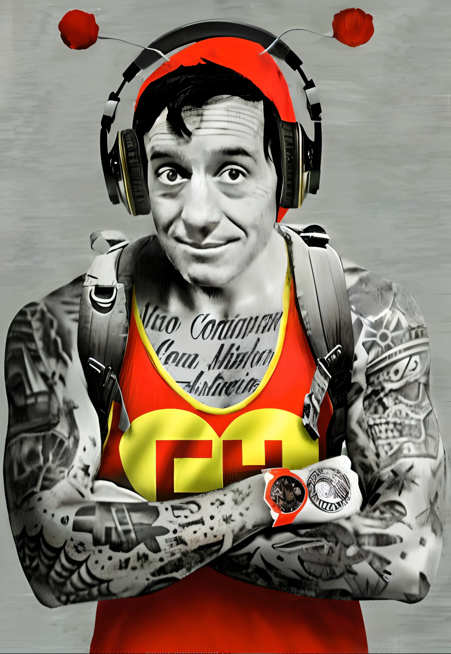 There's a man with headphones and a tattoo on his arm, El Chavo, inspirado em Viktor Oliva, inspired by Gabrijel Jurkić, como o ironman, inspirado em Glennray Tutor, Retrato de Lucha Libre DJ, Chav, Obra-prima da arte, gui guimaraes, Chappie em um traje de treino da adidas, goodlooking