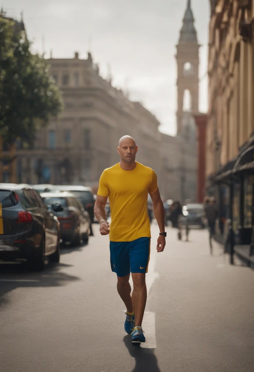 (best quality,4k,highres:1.2),ultra-detailed,realistic,3D rendering,running on the street,focused on a slim, bald man wearing a yellow adidas t-shirt and blue shorts, with black nike shoes, cartoon style, vibrant colors, sunny lighting