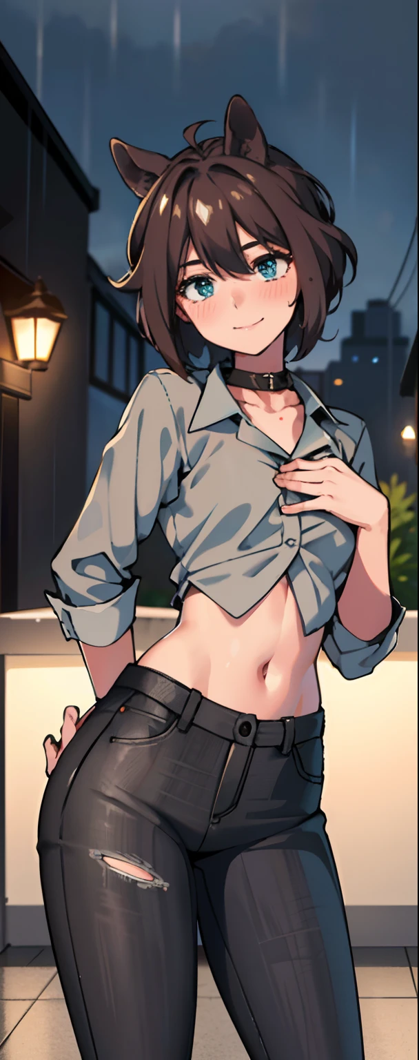 (8K, Top quality, Masterpiece: 1.2), (Realistic, Photorealistic: 1.37), Super detailed, Girl 1 person, ************, Solo, Small breasts, Beautiful detailed sky, Detailed café, Night, (Blush), (Smile: 1.15), (Closed mouth), small, (Shirt with collar: 1.1), Night, Wet, office clothes, rain, White lace, (Short hair: 1.2), Floating hair NovaFrogStyle, Random sexy pose,