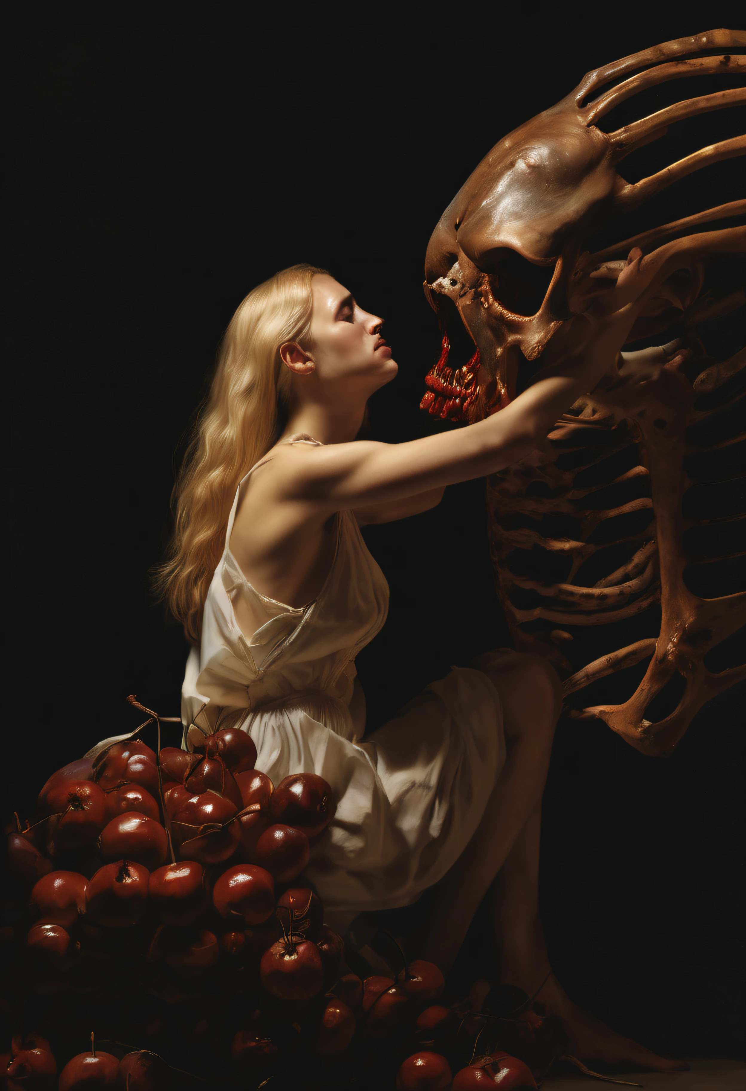 "(The best lighting, alto contraste, oscuro, dramatic),(Chica rubia junto a una cabra negra gigante, Open the rib cage, feto, autopsia, huesos humanos, sangre por las paredes). Luz Caravaggio"