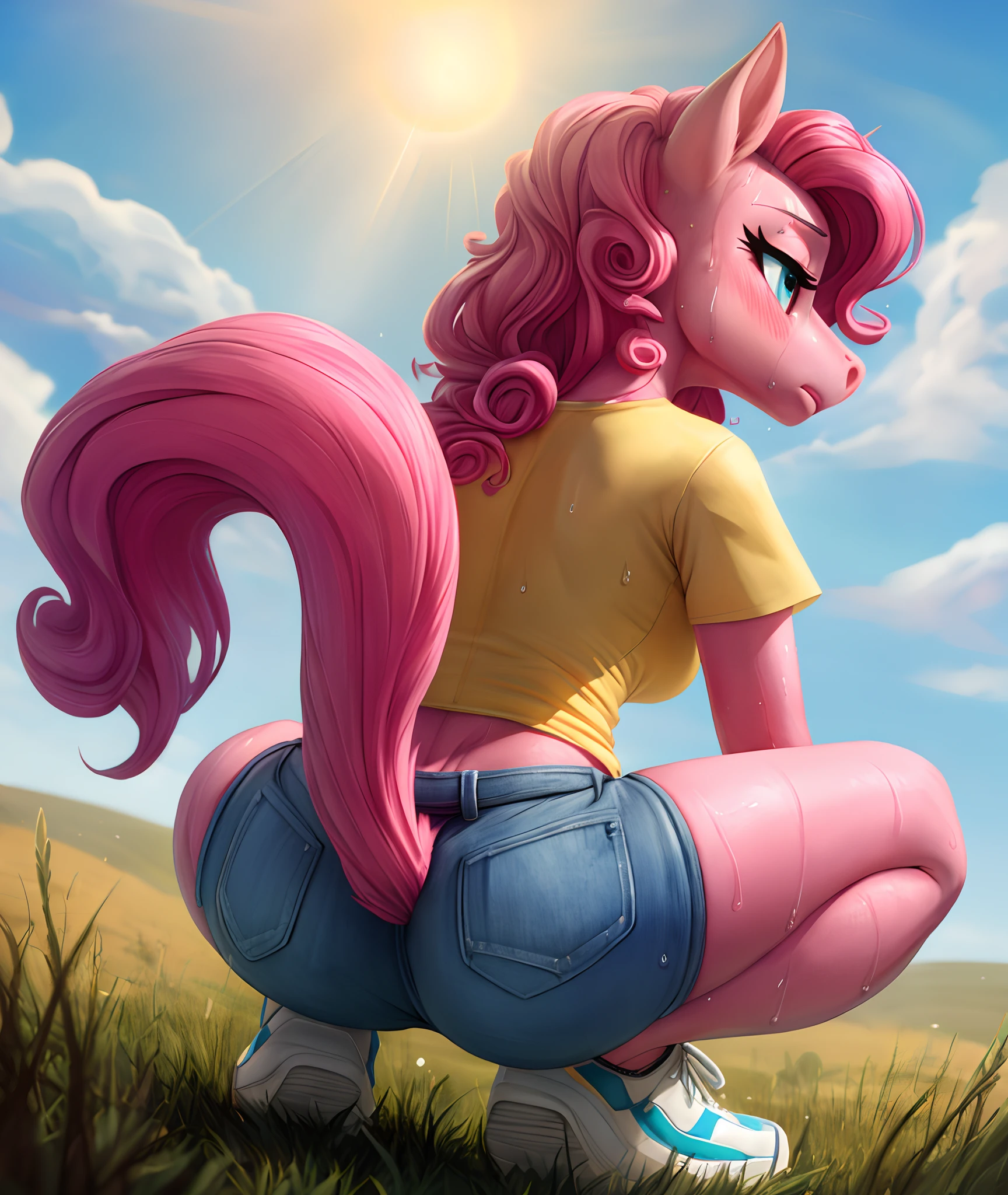 [pinky pie], [Uploaded to e621.net; (siden), (Pixelsketcher), (mayosplash), (wamudraws)], ((masterpiece)), ((HD)), ((high quality)), ((solo portrait)), ((back view)), ((furry; anthro)), ((detailed fur)), ((detailed shading)), ((beautiful render art)),  ((intricate details)), {anthro horse; (slim female figure), (pink fur), (cute round cyan eyes), (long eyelashes), horse snout, (curly hot-pink hair), (curly hot-pink tail), (small boobs), (gorgeous hips), (sweat on face), (blushing), (pouting)}, {(yellow tee shirt), (denim short shorts), (white-striped thigh-highs), (blue sneakers)}, {(squatting), (looking back)}, [background; (grass plains), (clouds), (blue sky), (sun rays)]