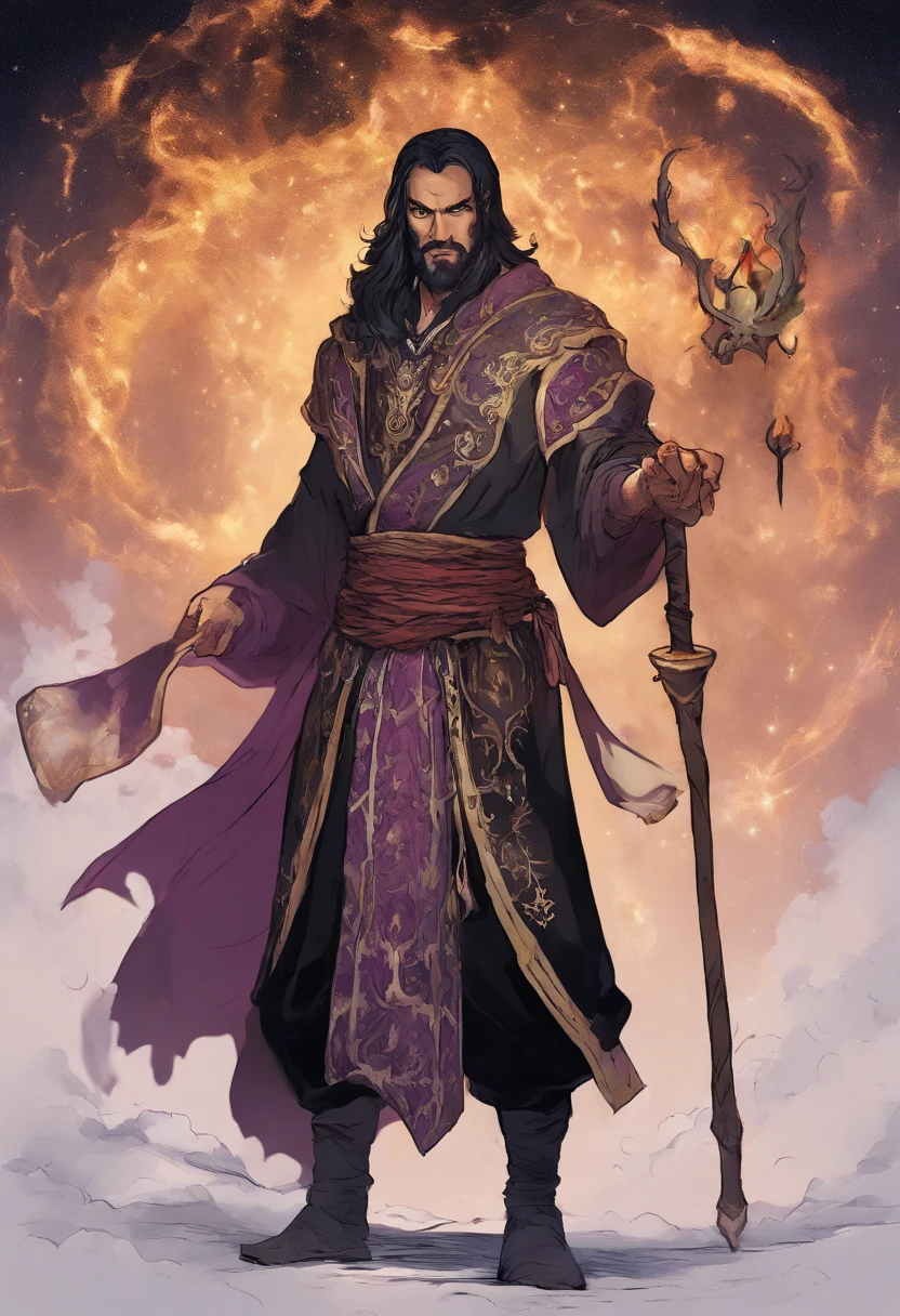 A dnd character. A vedalken warlock with the great old one patron. He has an arabic influence to his style and medium length black hair. His eyes capture the views of a nebula in space