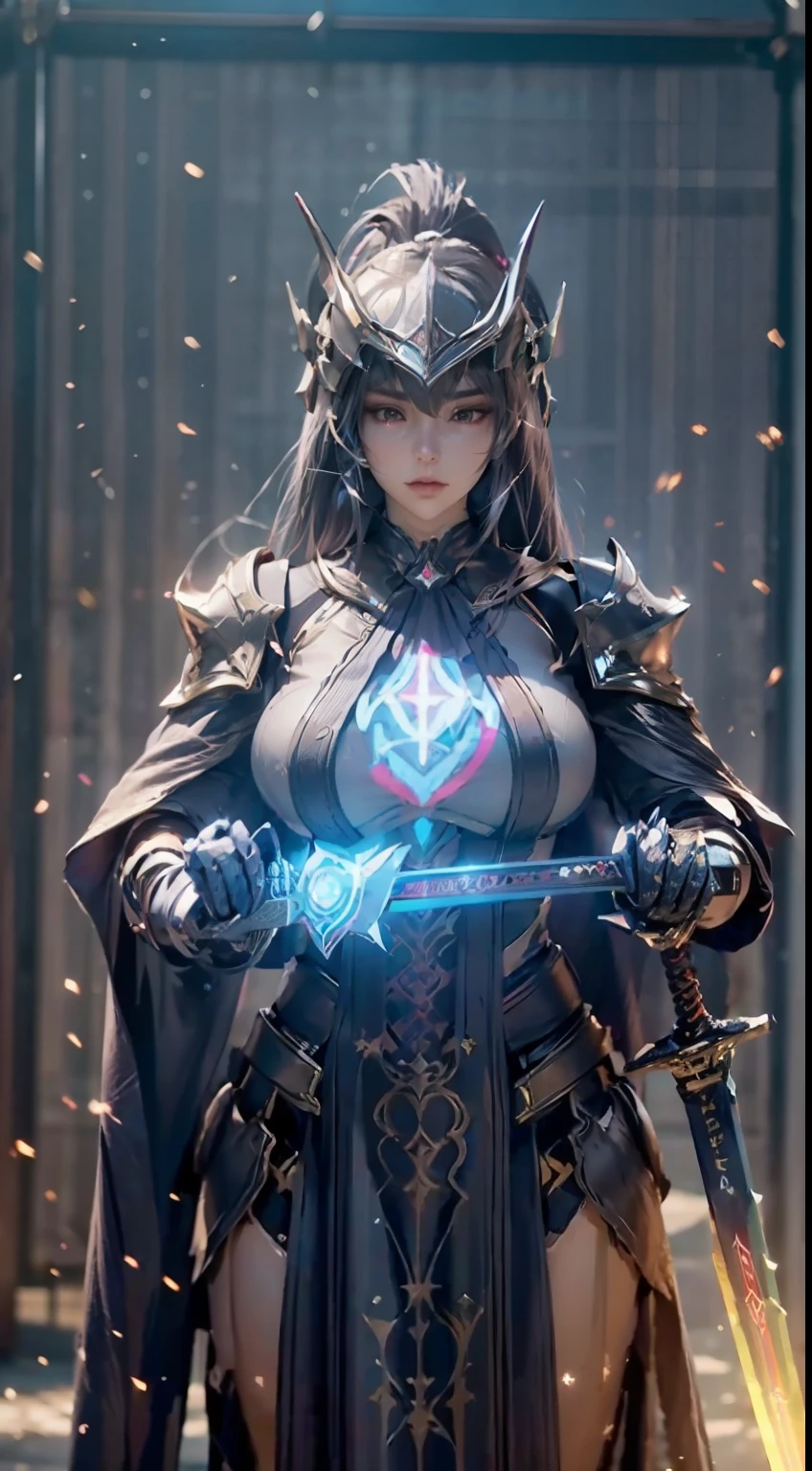 ((unreal enginee 5)), lifelike rendering, excellent, (Full Armor Body), (cloaks), (Helm), looking in camera, Stand in the studio, Beautiful face, makeup, CGI Mix, (Photorealism:1.2), Ultra-realistic UHD face, (Colossal tits), Slim waist, an hourglass figure, Half body, ((Glowing skin)), ((Shiny skin)), Realistic body, ((She has a sexy body)), ((Clean skin)), Photorealistic, Bokeh, Motion Blur, masutepiece, hight resolution, 1080p, Super Detail, Textured skin, (carry a sword:1.4), (Huge magic circle behind:1.3)