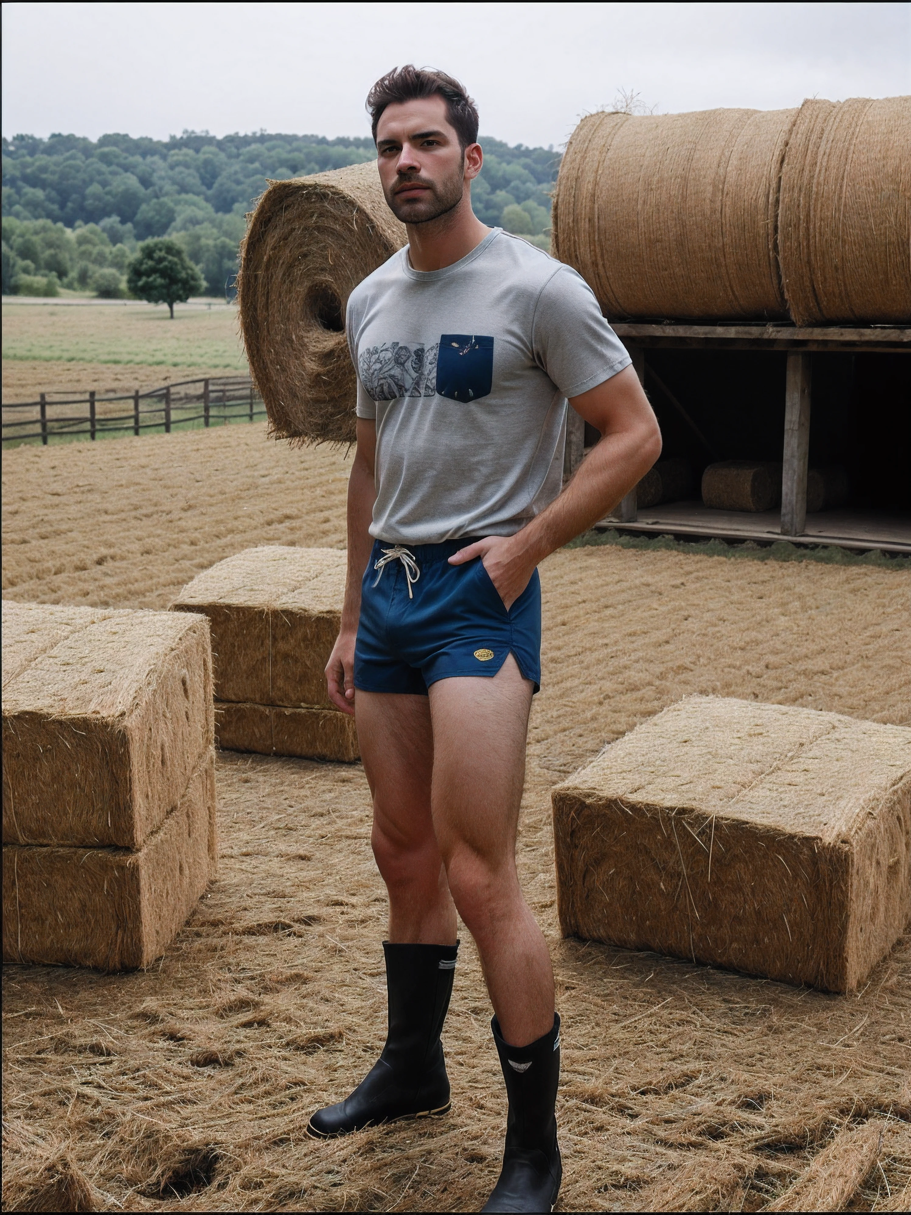 RAW Photo, photo of sc_kurtis wearing a  shirt and a pair of shorts and boots with socks standing on top of a pile of hay, holding onto a bale of hay, best quality, masterpiece, style of Terry Richardson, style of Bruce Weber,