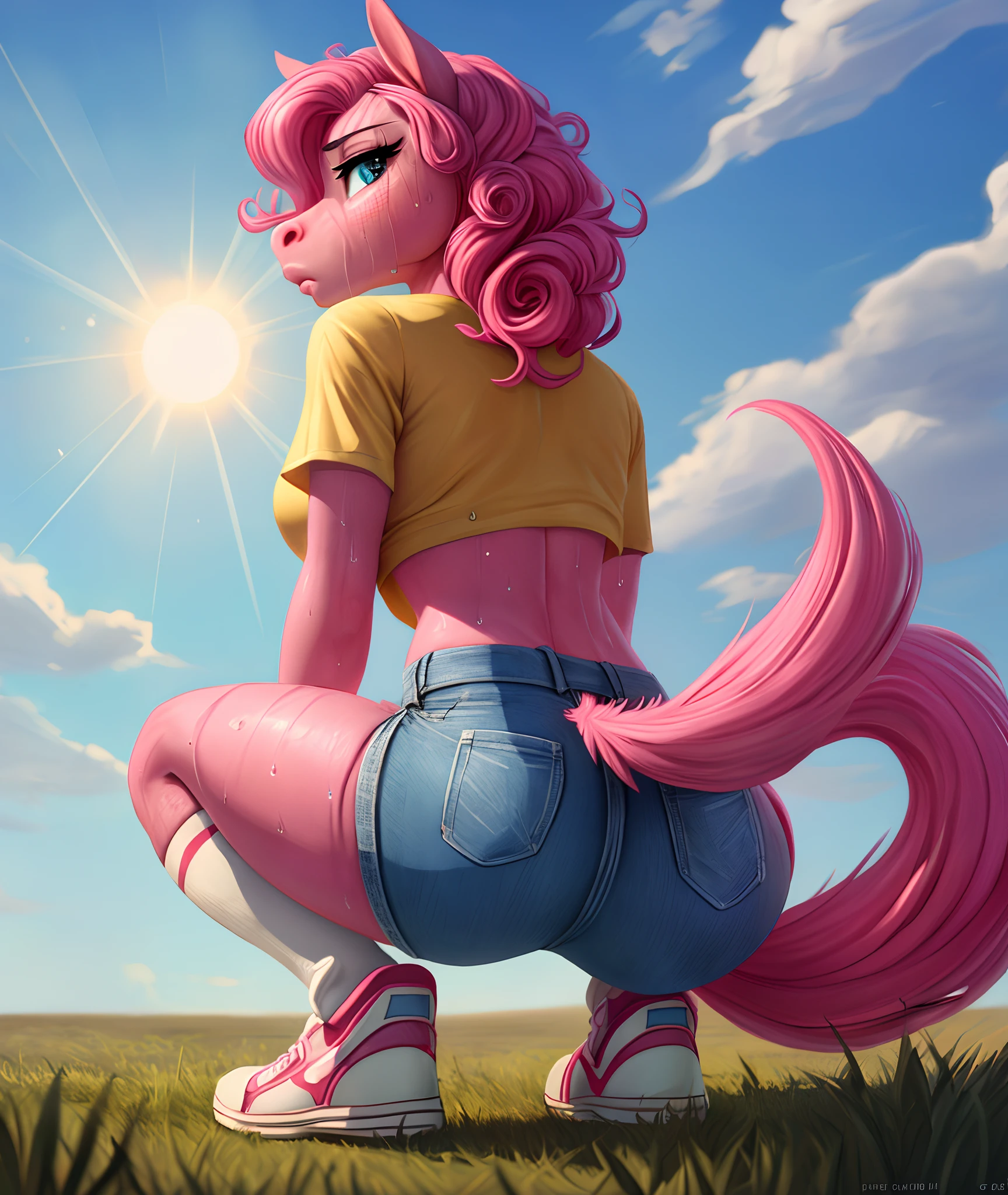 pinkie pie, pony, skirt lifted, white panties, black t-shirt, forest, night, campfire, tent on the background, pussy, anus