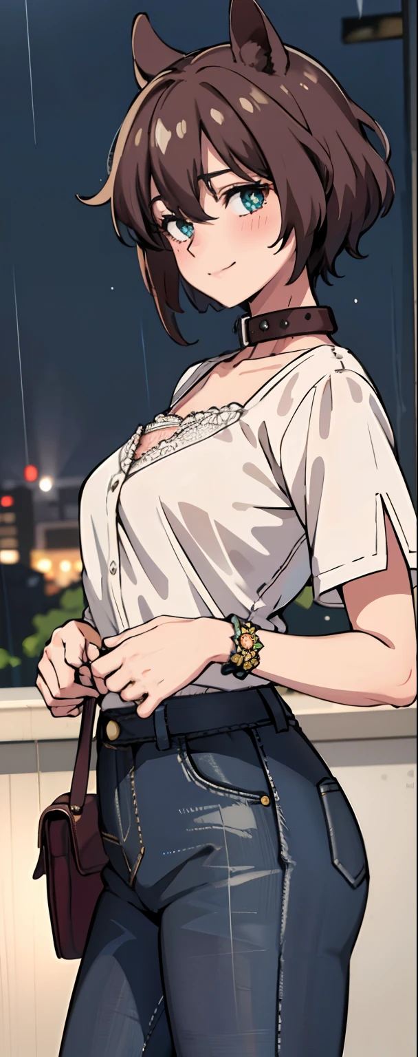 (8K, Top quality, Masterpiece: 1.2), (Realistic, Photorealistic: 1.37), Super detailed, Girl 1 person, , Solo, Small breasts, Beautiful detailed sky, Detailed café, Night, (Blush), (Smile: 1.15), (Closed mouth), small, (Shirt with collar: 1.1), Night, Wet, office clothes, rain, White lace, (Short hair: 1.2), Floating hair NovaFrogStyle, Random sexy pose,