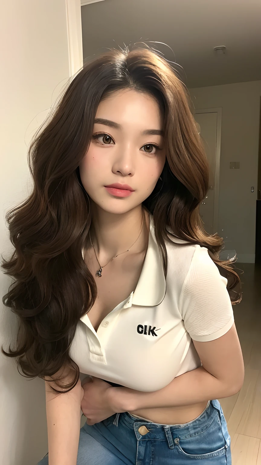 ((best qualtiy, 8K, tmasterpiece:1.3)), Focus:1.2, perfect figure beautiful woman:1.4, Cocked buttocks:1.2, ((Random Long Thick Diva Hairstyle) ((Brown Wavy Hair In Big Curls))(Long white legs:1.3,(Polo shirt With Jean Shorts:1.2) , (inside in room: 1.2), Highly detailed facial and skin texture, A detailed eye, 二重まぶた,Whiten skin,(Straight big breasts:1.3), looking at camera, Wear a necklace,