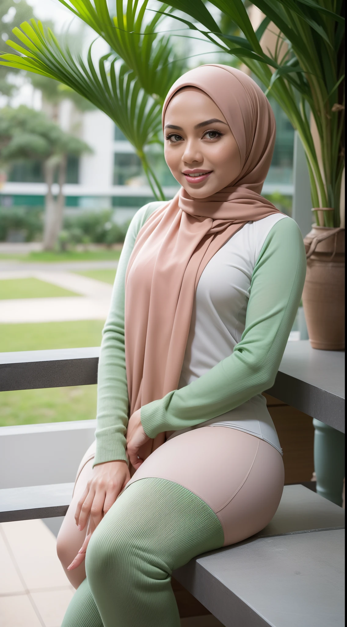 RAW, Best quality, high resolution, masterpiece: 1.3), beautiful Malay woman in hijau:0.8),Best quality, high resolution, Masterpiece: 1.3, Beautiful hijabi malay girl, Masterpiece, Soft smile,Beautiful Malay women wear pastel color hijab (setting on the top of mountain:1.2) , bright sunshine, hiking clothes, pullover, long pants, highres,4k,HDR,1girl, photorealistic, realistic,sweat skin, wet clothes, wet body, big breast, ((full body))soaked, dripping, smiling at viewer, closeup