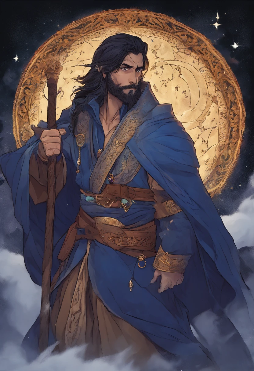 A dnd character. A vedalken warlock, blue skin, with the great old one patron. He has an arabic influence to his style and medium length black hair. His eyes capture the views of a nebula in space