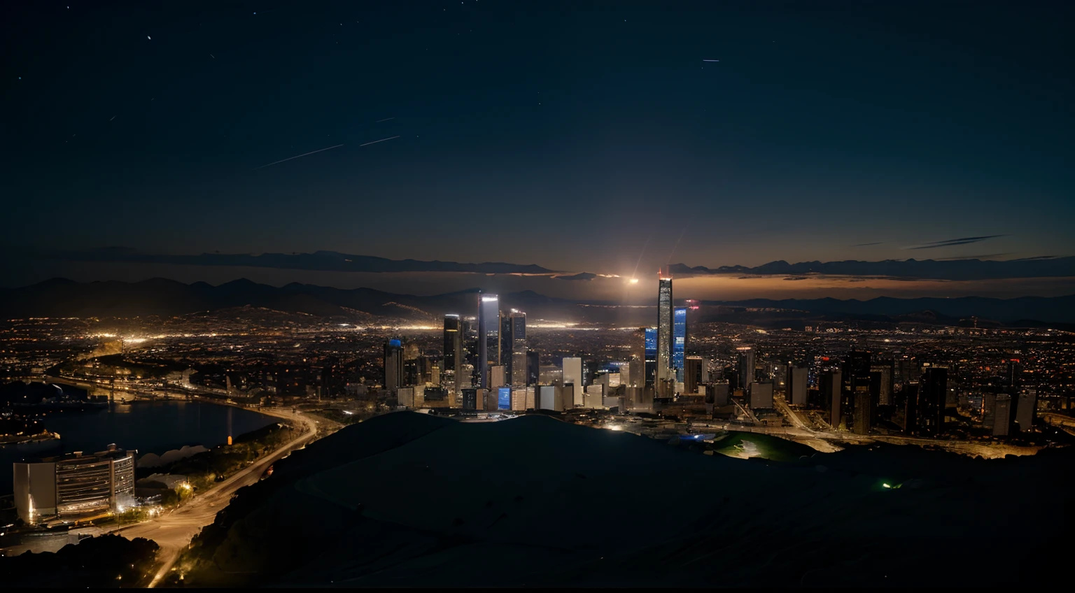 cidade futurista, iluminada, On a beautiful night, ultra detalhado, 8K, high dinamic range, dept of field, profissional