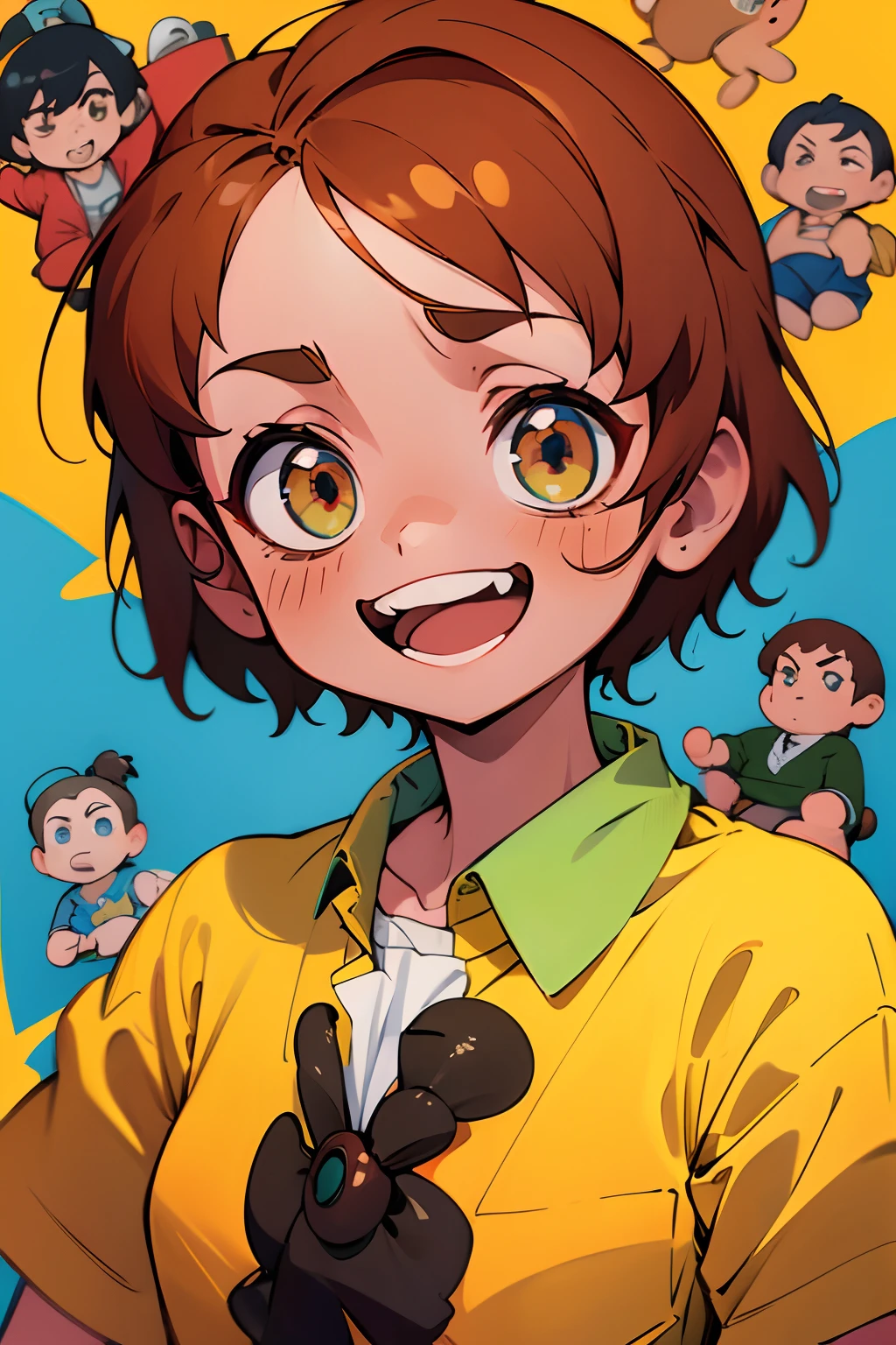 master part, extremely high quality, best quality, 1girl, sozinho, Olhando para o Viewer, , Tezuka Rin, (Amputees without arms:1.2), brown hair, colar, camisa de gola, (amputado duplo:1.2), olhos verdes, Katawa Shoujo, gravata vermelha, camisa, short hair, sozinho, camisa branca,  Lozhkin, sorriso, dentes precisos com lacunas