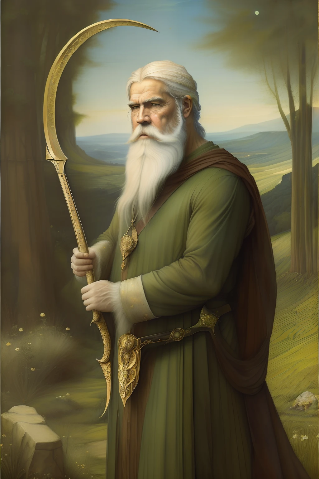 (((Pre-Raphaelite painting of a golden scythe in the hand of an old druid with a white beard, paisagem celta, filtre vinheta)))