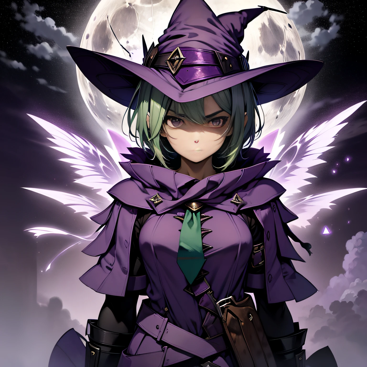 top-quality、extremely delicate and beautiful、(A teenage girl)、Purple Eye、Green hair、short-haired、(purple witch hat)、Purple tie、Soio、shortsleeves、Purple skirt、Purple Wizard Robe、Navel、is standing、Facing the front、Expression of hatred、Full moon night on background、Only eyes